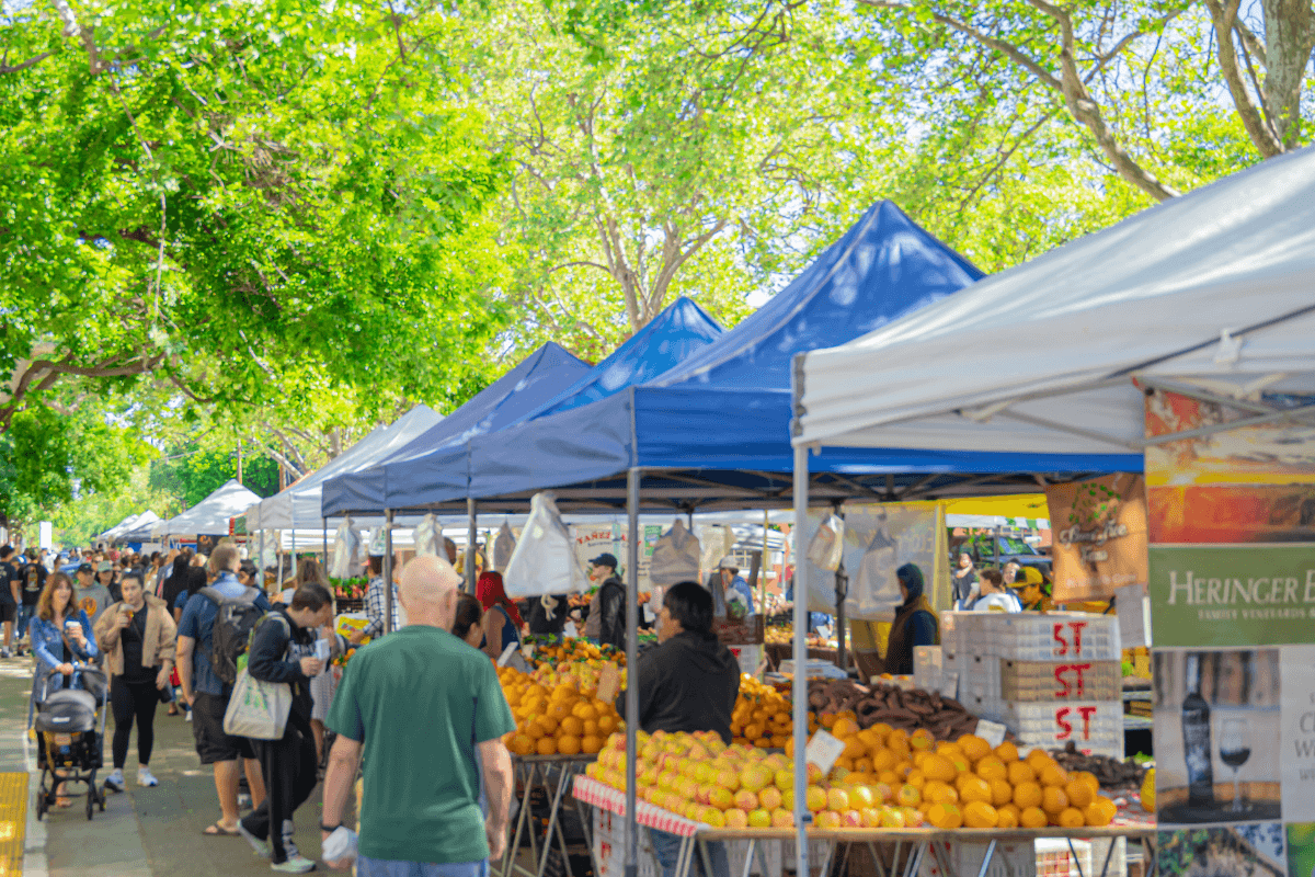 Outdoor farmers market with various vendors selling oranges and produce under blue canopies, with shoppers walking along the street lined with green trees.
