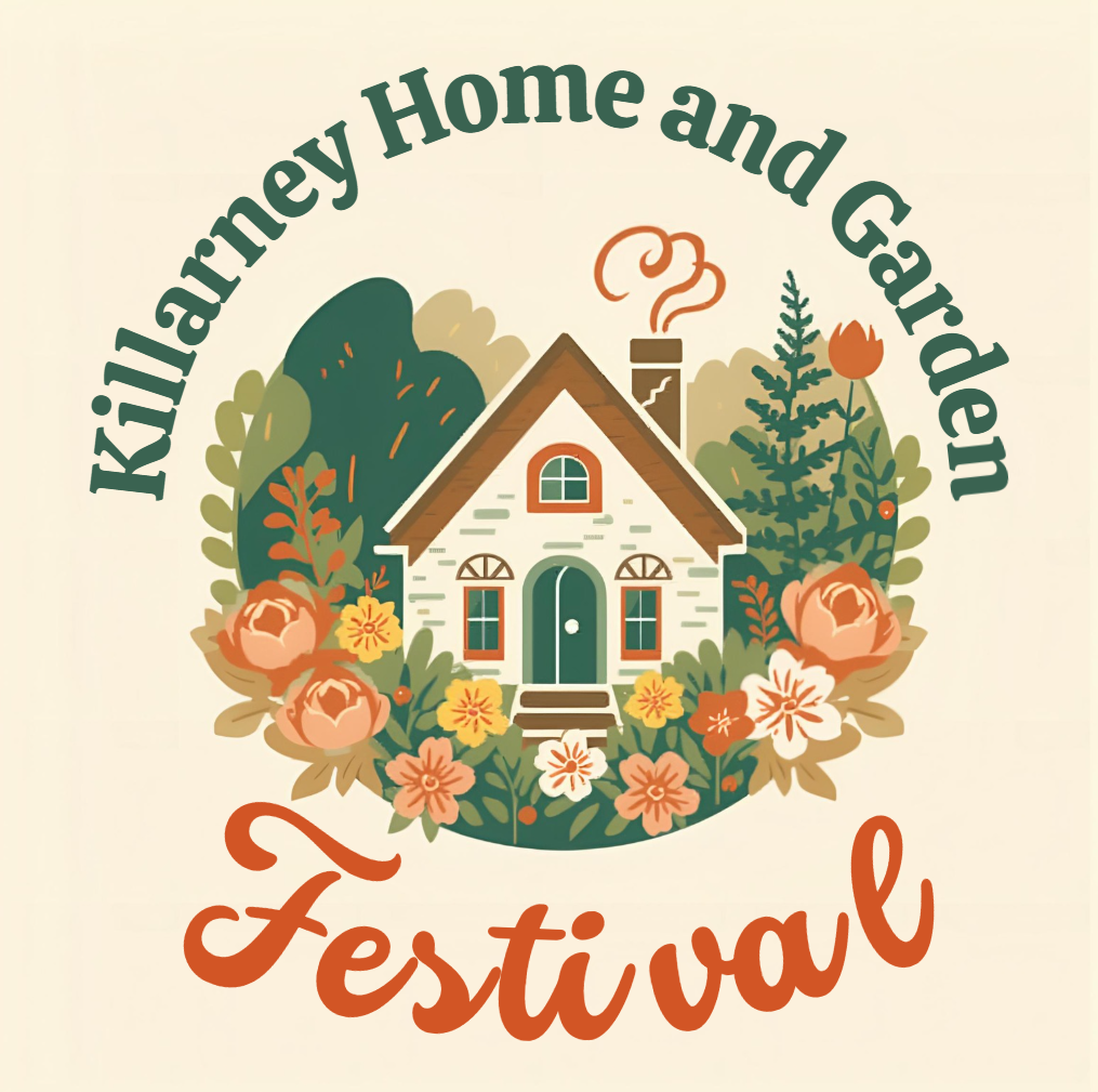 Illustration of a house surrounded by flowers and trees with the text 'Killarney Home and Garden Festival'