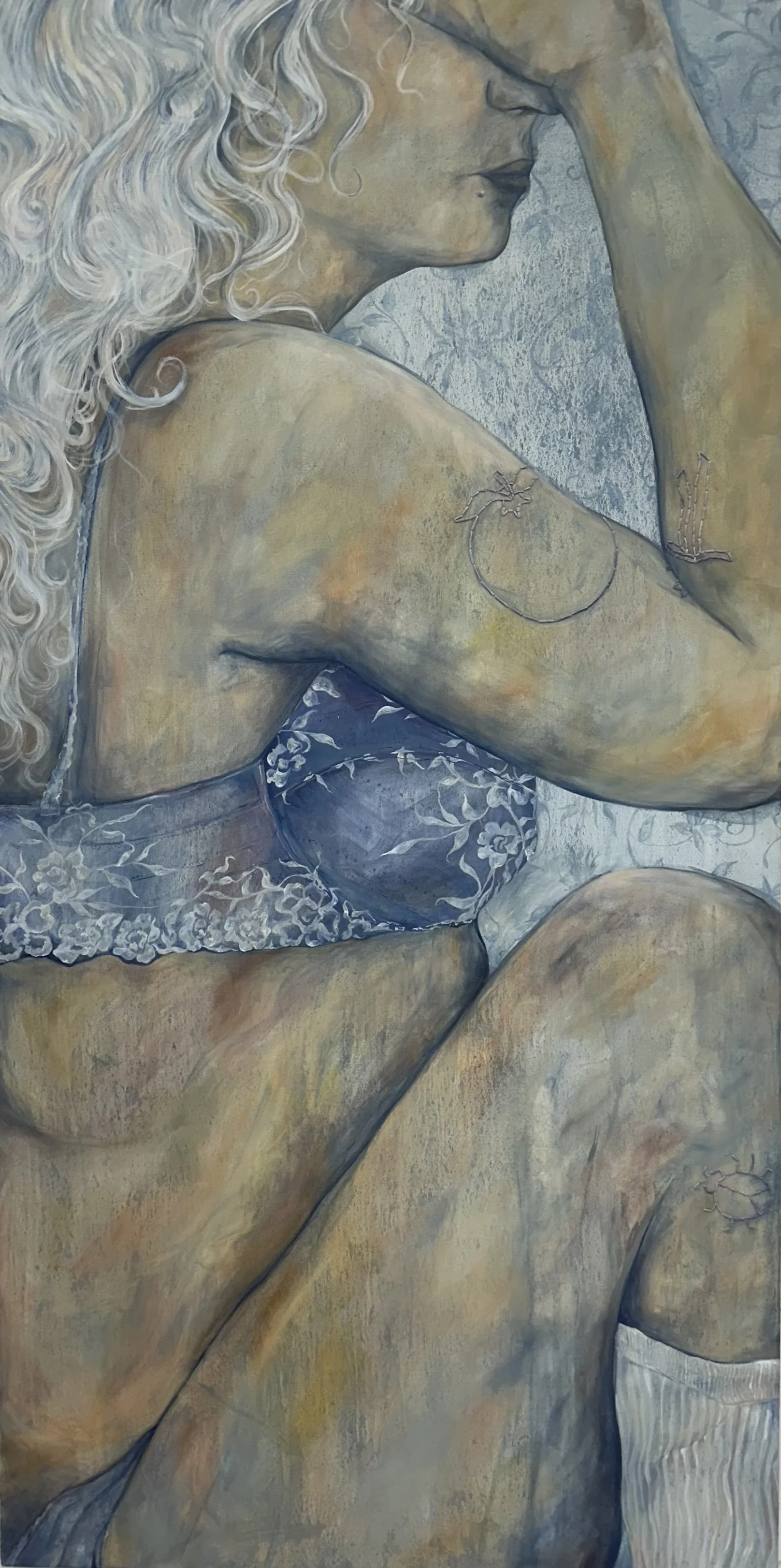 Untitled: Self Portrait (2025) - Oil & Embroidery Thread on Canvas. 36" x 72"