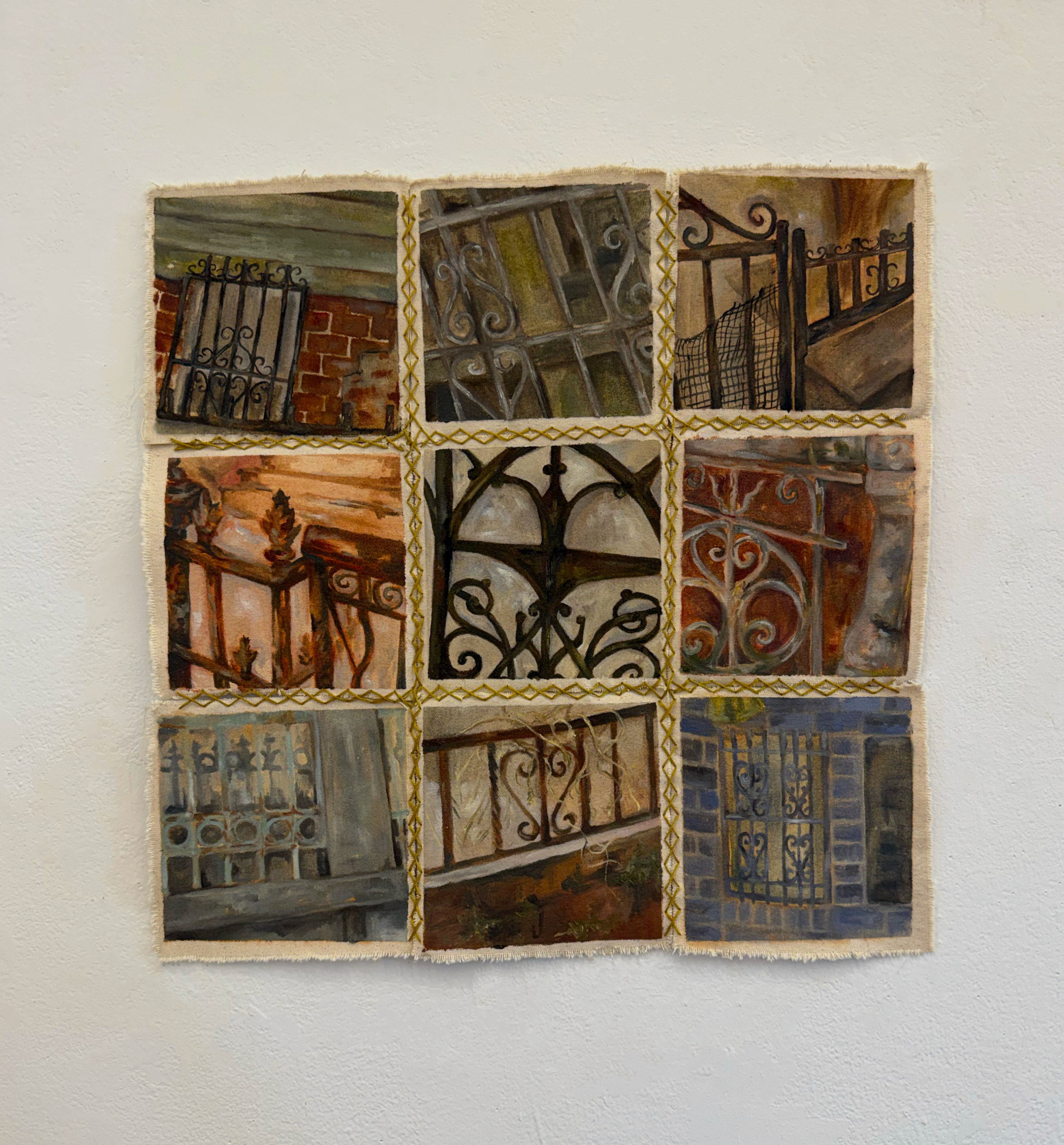Returning Home & Leaving (2026) - Oil on Canvas, Hand-sewn with Embroidery Thread. 16" x 16"