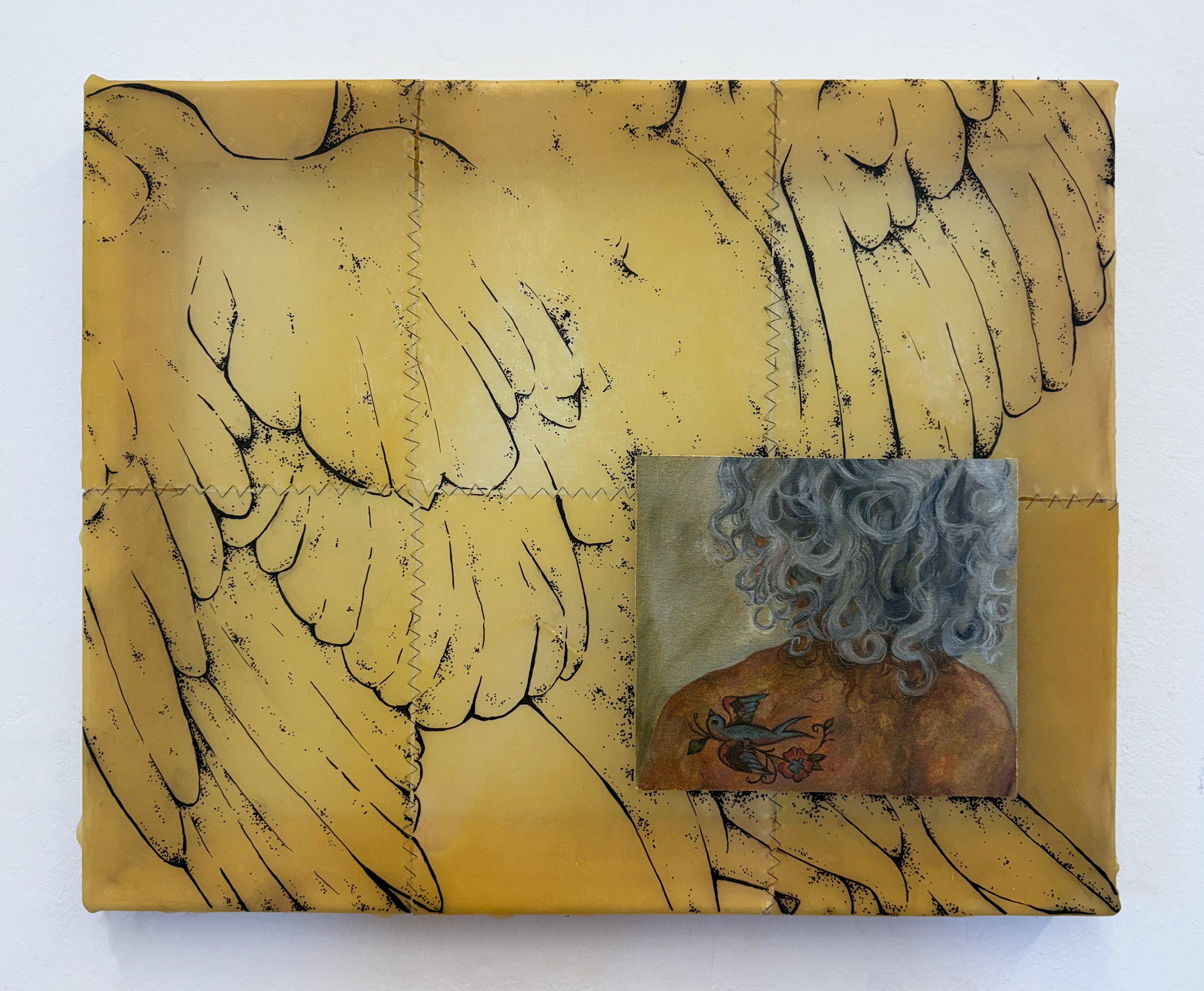 Where You End, I Begin (2026) - Acrylic on latex, oil on canvas, attached with sewing thread. 16” by 20”

