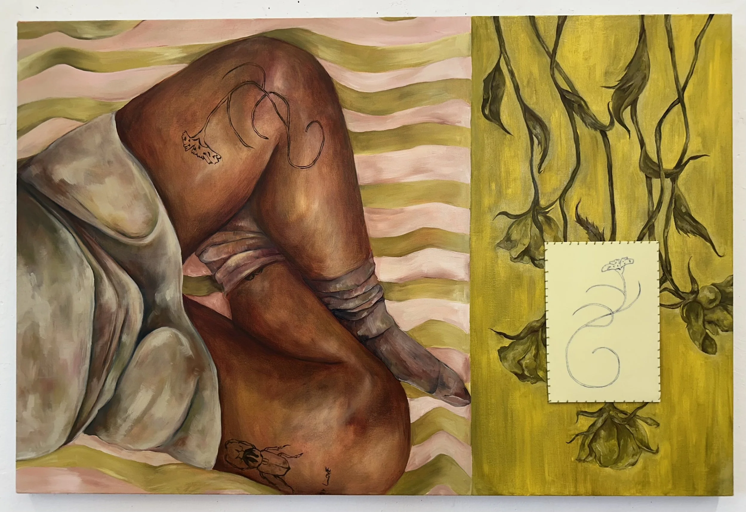 Wilt, But Remain (2025) - Oil, Tattoo Skin, & Embroidery Thread on Canvas. 24" x 36"