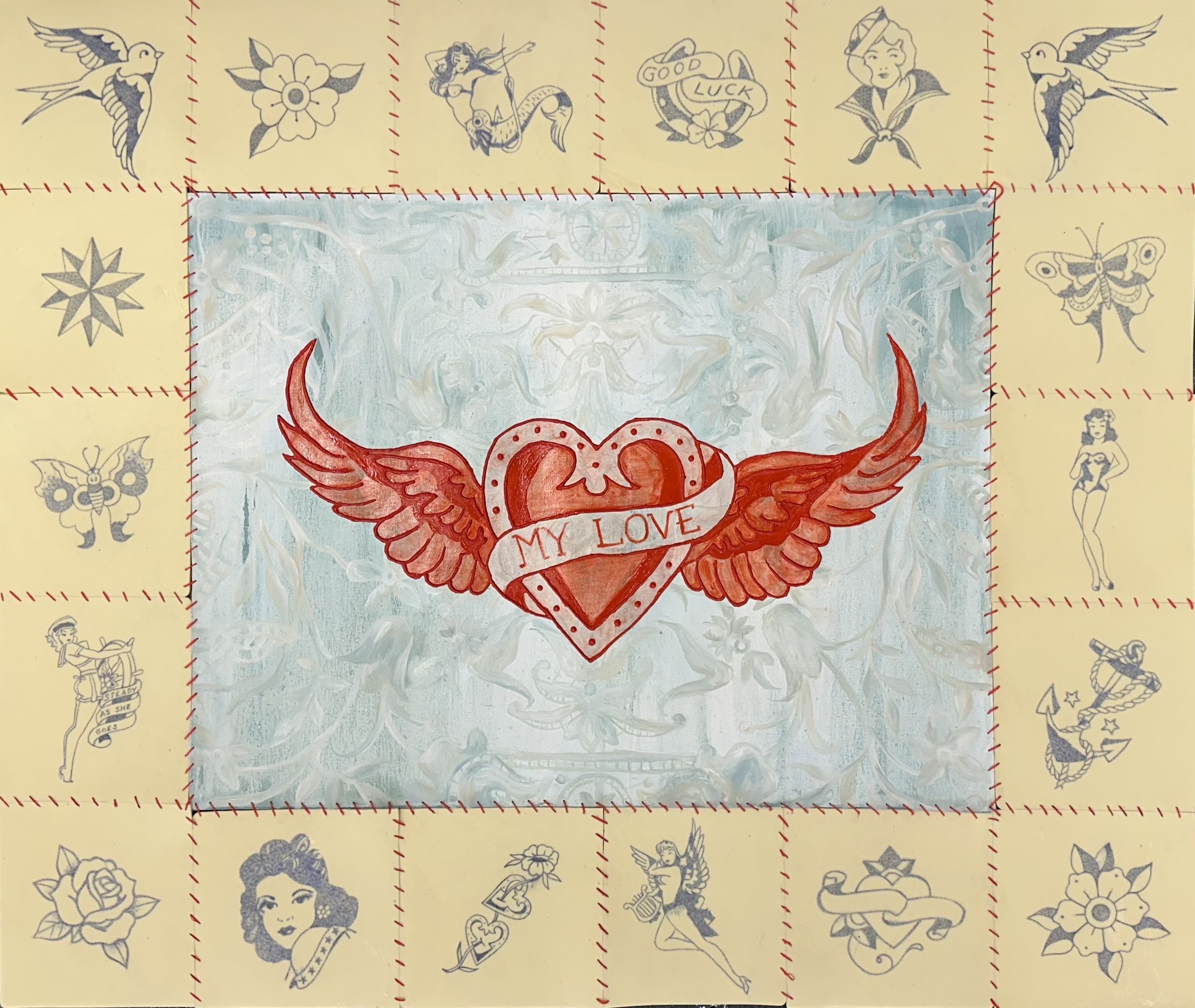 No Regrets (2025) - Oil on Linen & Tattoos on Fake Skin, Attached with Embroidery Thread. 30" x 36"