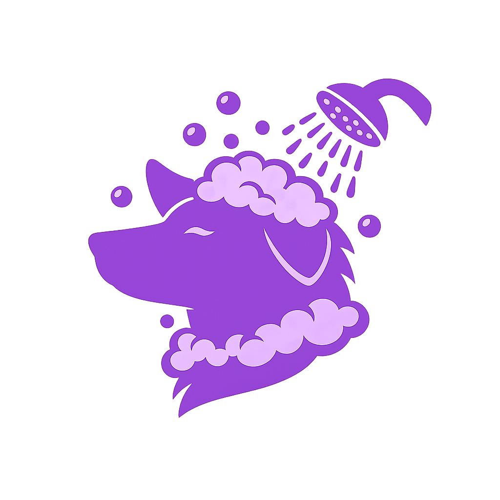 Purple cartoon unicorn head with a cloud and snow cap, showering water from a showerhead.