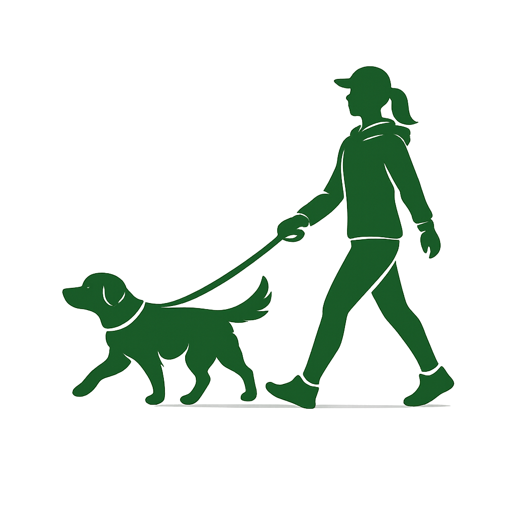 Illustration of a girl walking a dog on a leash.