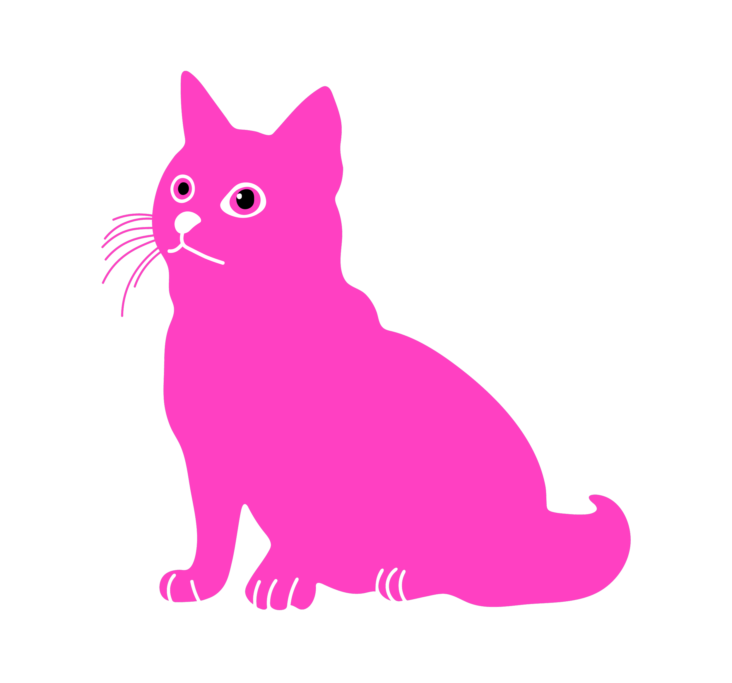 A pink cartoon cat with big eyes, sitting against a black background.