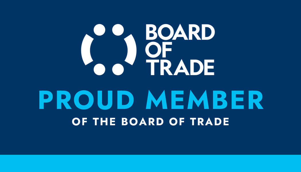 Logo of the Board of Trade with the text 'Proud Member of the Board of Trade' on a blue background.