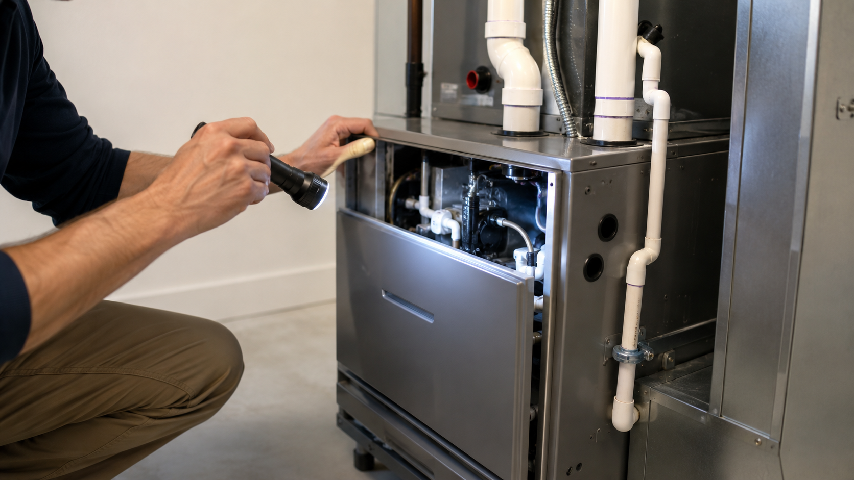 Person inspecting a furnace with a flashlight, open panel revealing internal components, pipes, and wiring.