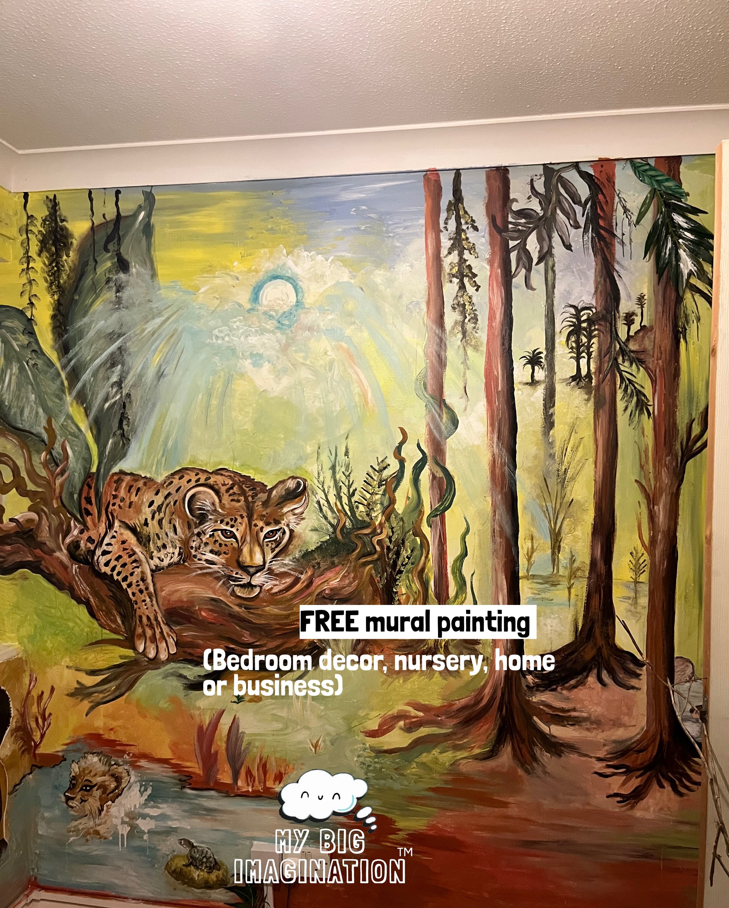 Colorful mural painting of a jungle scene with a leopard resting on a branch, tall trees, and a sun peeking through clouds, with promotional text for a free mural painting offer.