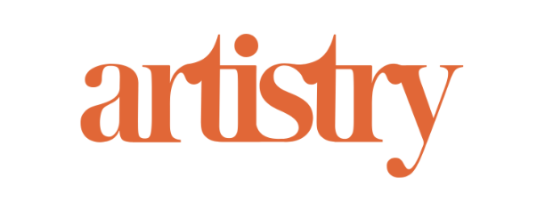 The word "artistry" written in orange, stylized font on a white background.