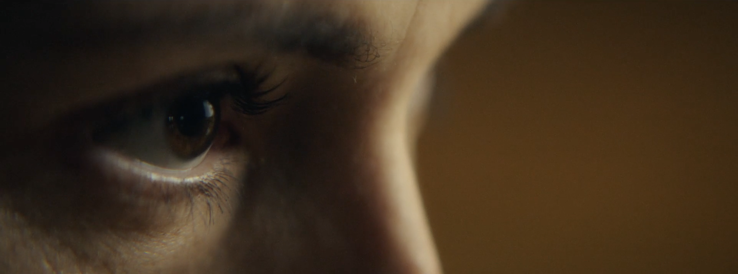 Close-up of a person's face focusing on their eye, showing detailed eyelashes and skin texture.