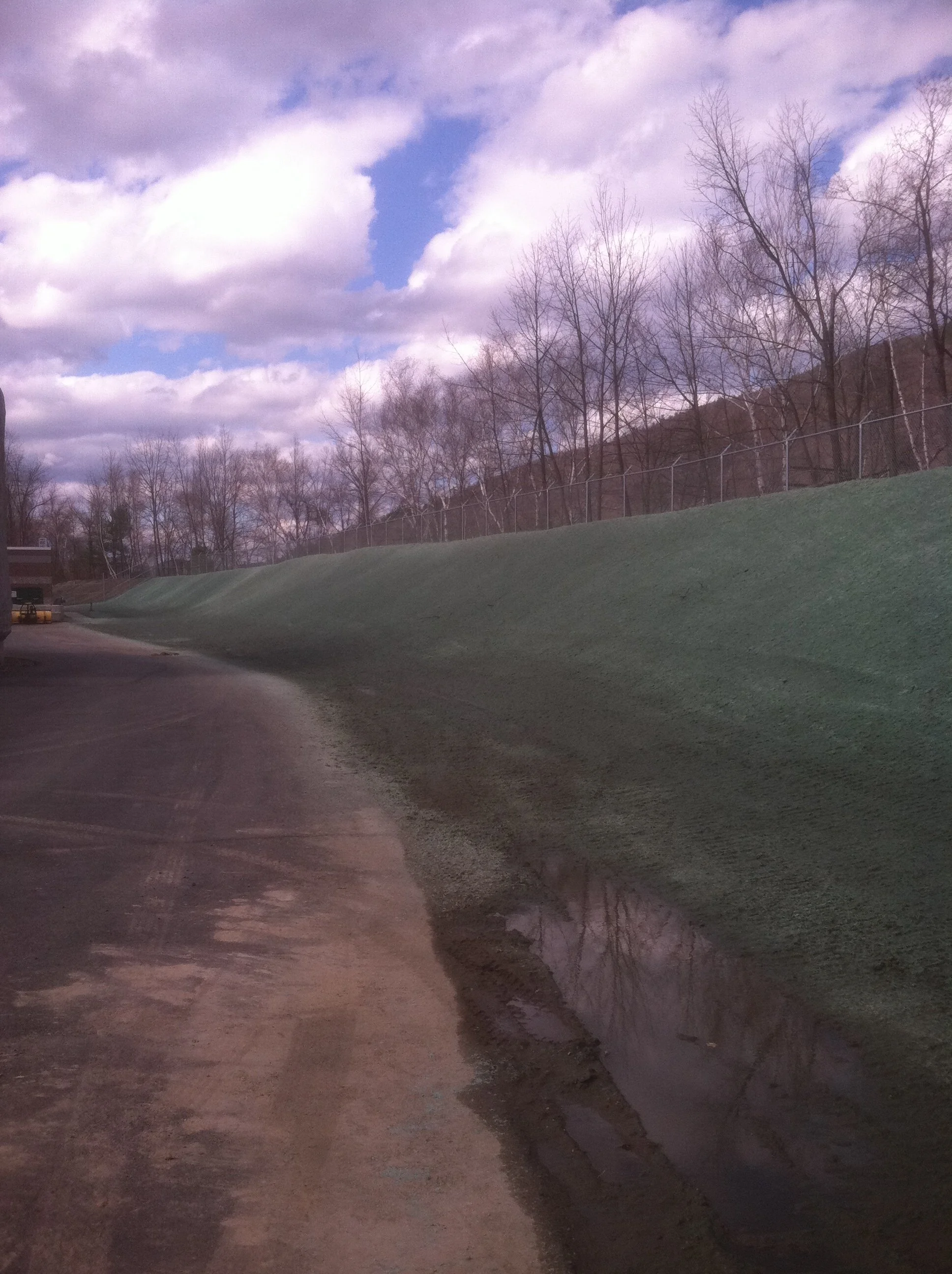 A dirt road with a small puddle reflecting bare trees, an overcast sky with scattered clouds, and a green embankment on the right side, with a fence along the top.