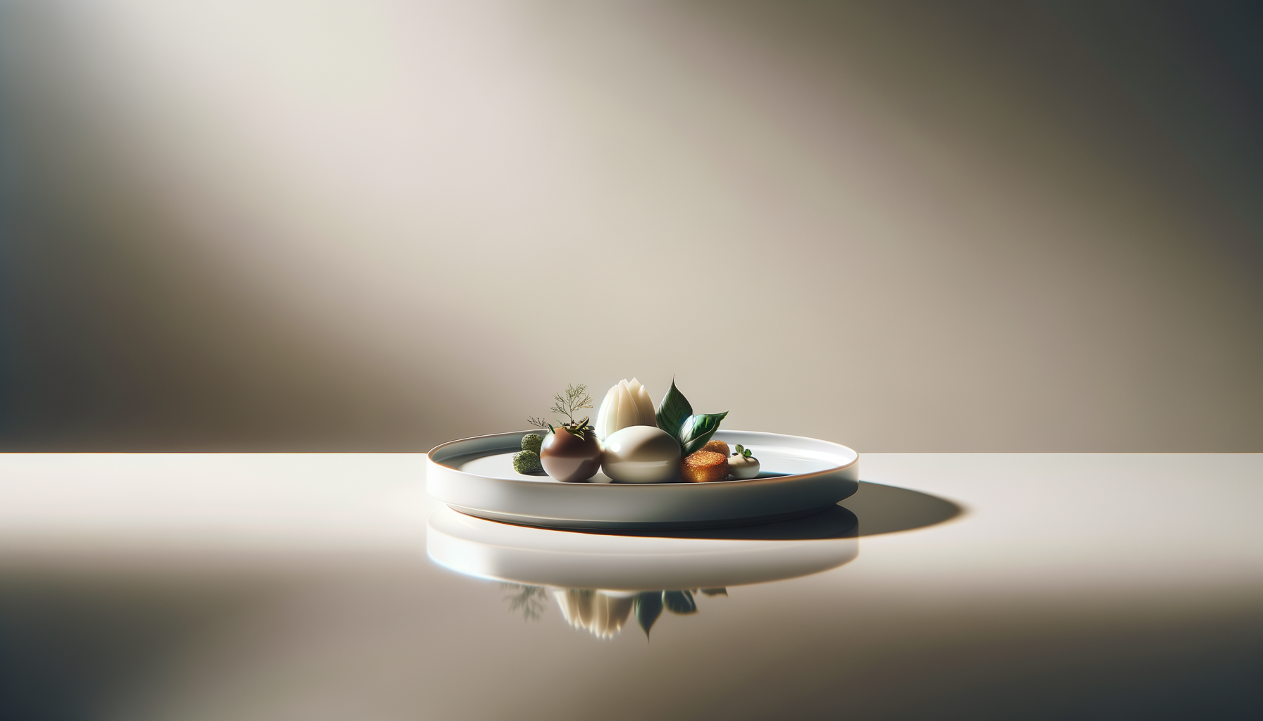 A white plate with decorative food items, including a white chocolate egg, a chocolate egg, greenery, and small pastry items, on a reflective surface with a minimal background.