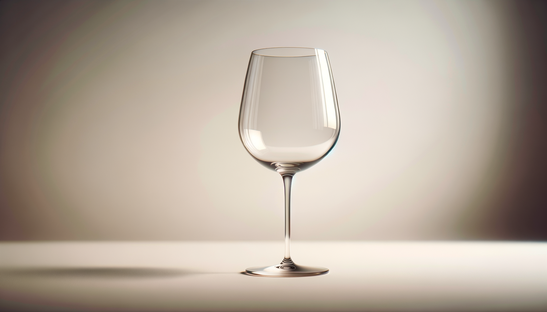 A clear, empty wine glass with a tall, slim stem, placed on a light-colored surface against a neutral, softly blurred background.