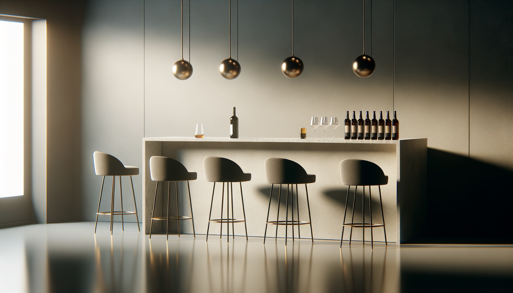 Minimalist kitchen or bar area with four beige barstools, a white countertop, wine bottles, glasses, and pendant lights in a modern space with natural light.