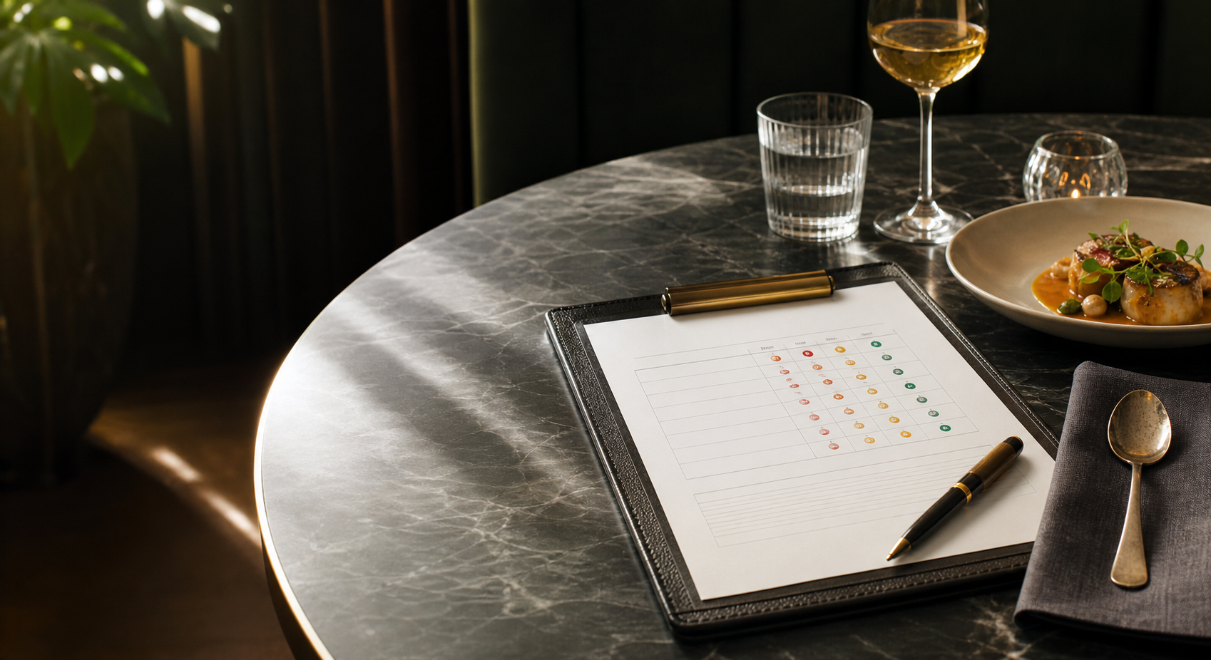 Restaurant assessment scorecard beside a plated dish, representing the free BIT 360 Restaurant Grader.
