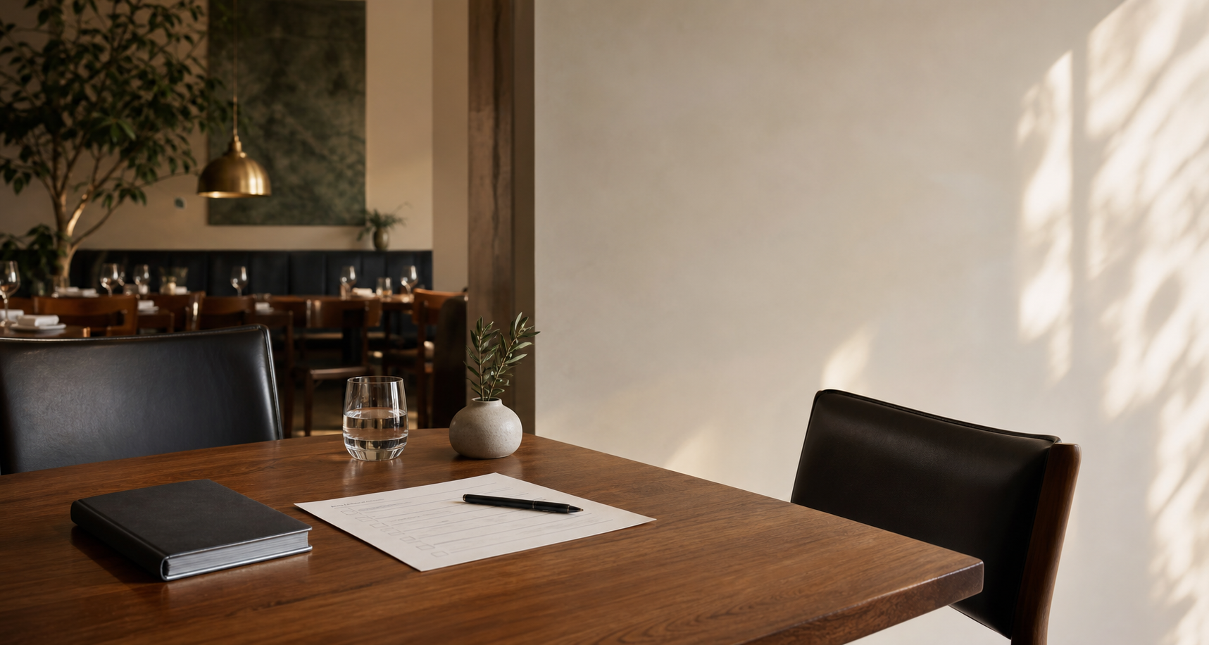 Restaurant consultation table prepared with an assessment form and notebook.