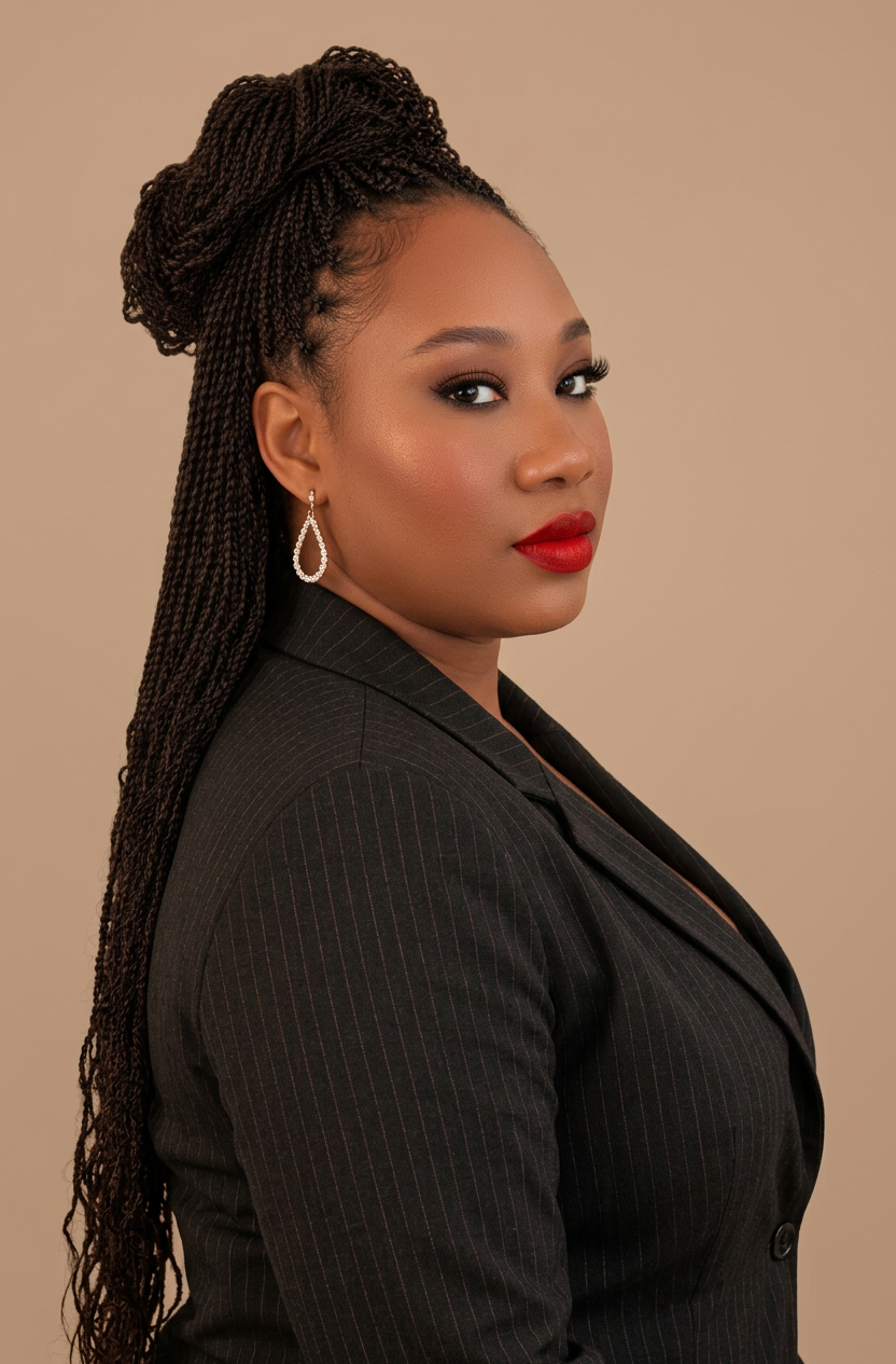 A woman with long braided hair styled in a high bun, wearing hoop earrings, a black pinstripe blazer, bold red lipstick, and subtle eye makeup, posing against a beige background.