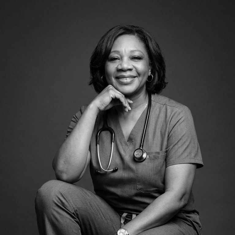 Black and white portrait of a smiling female healthcare professional in scrubs with a stethoscope around her neck, sitting with one hand resting on her chin against a plain background.