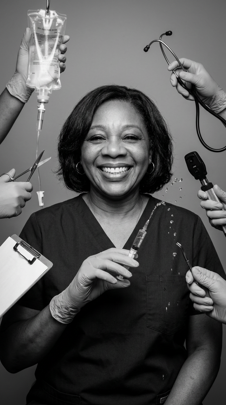 A smiling African American woman in medical scrubs surrounded by healthcare tools and supplies, including a syringe, stethoscope, scissors, and medical gloves.