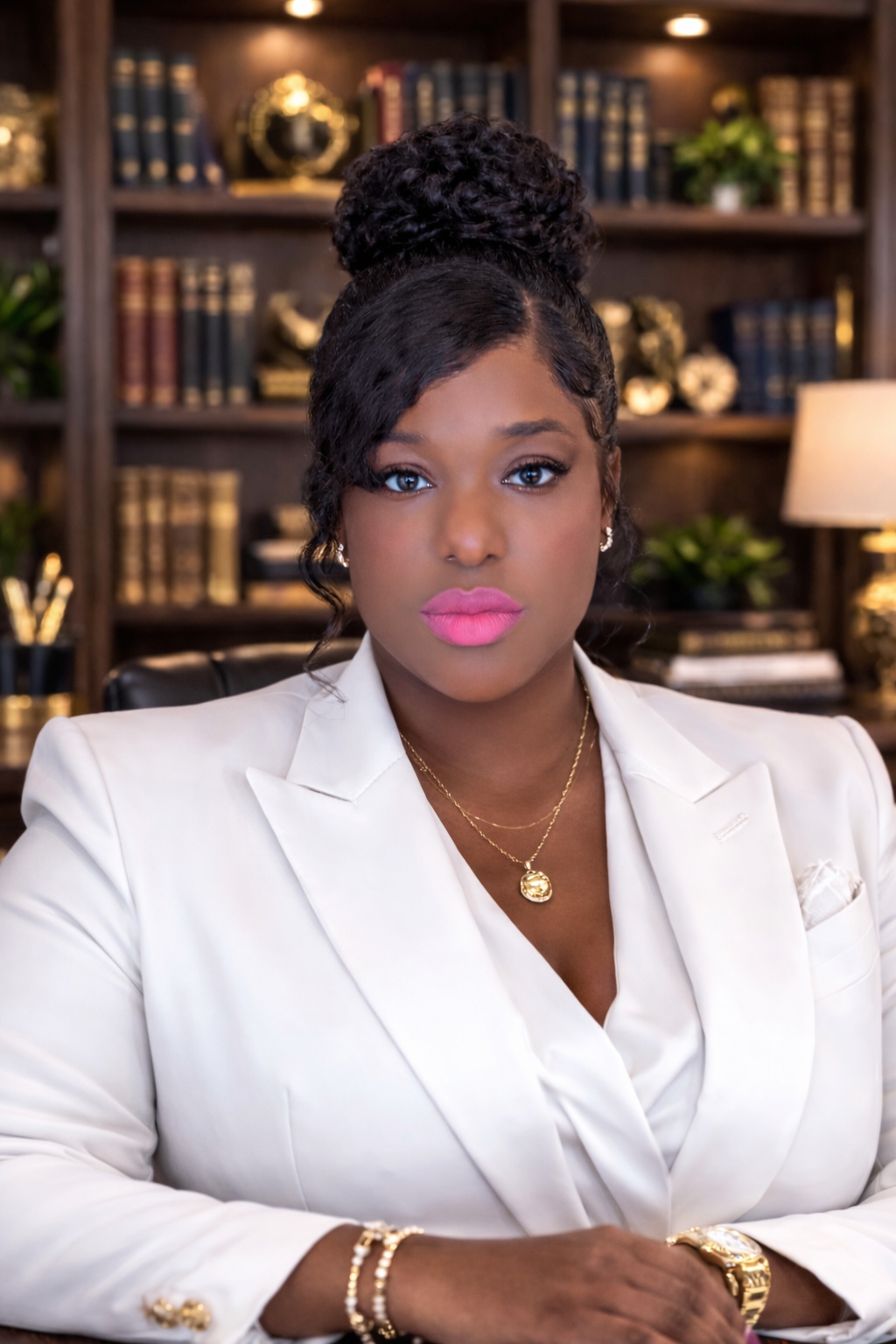 A confident woman in a white blazer sitting in a professional office, with bookshelves and decor in the background.