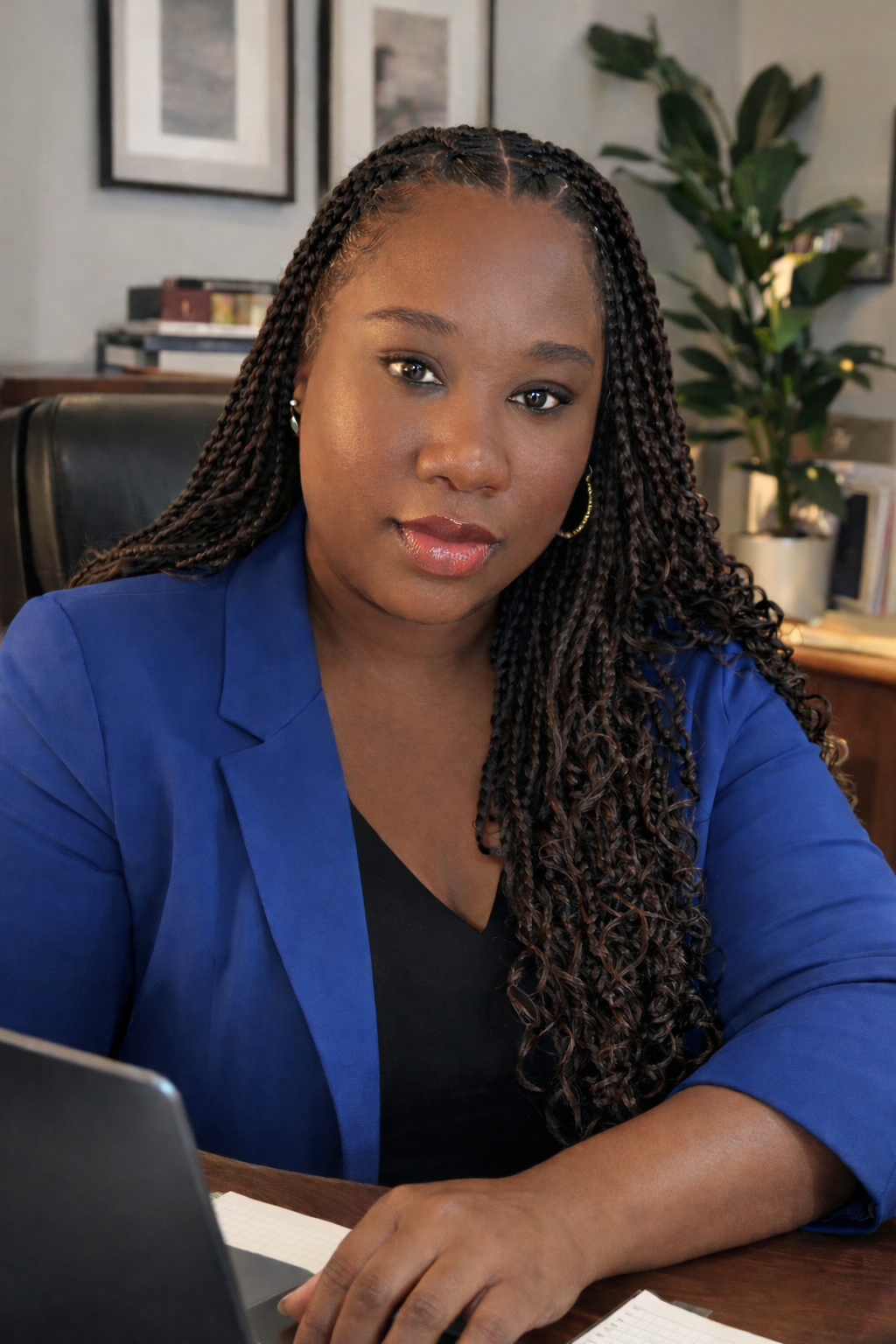 A woman with braided hair and gold hoop earrings sitting at a desk in an office with framed pictures and a potted plant in the background.