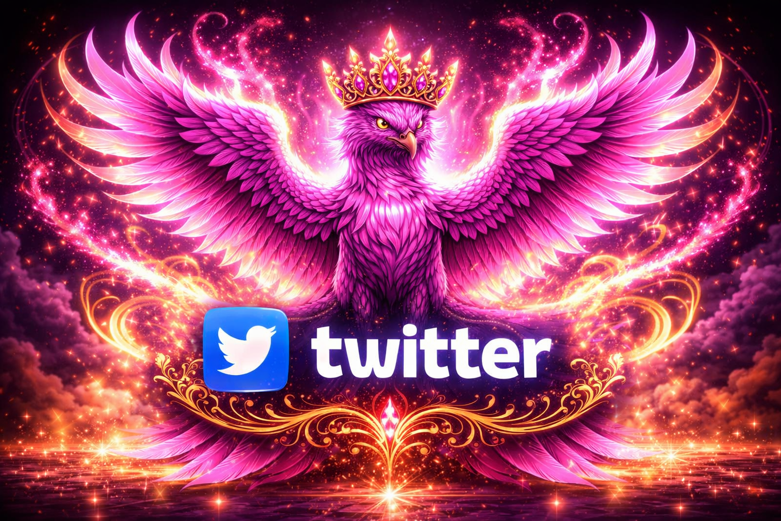 A vibrant digital artwork featuring a majestic pink eagle with outstretched wings, wearing a golden crown, surrounded by glittering pink and gold sparkles. The image includes the Twitter logo and text in the center, with a mystical, fiery background.