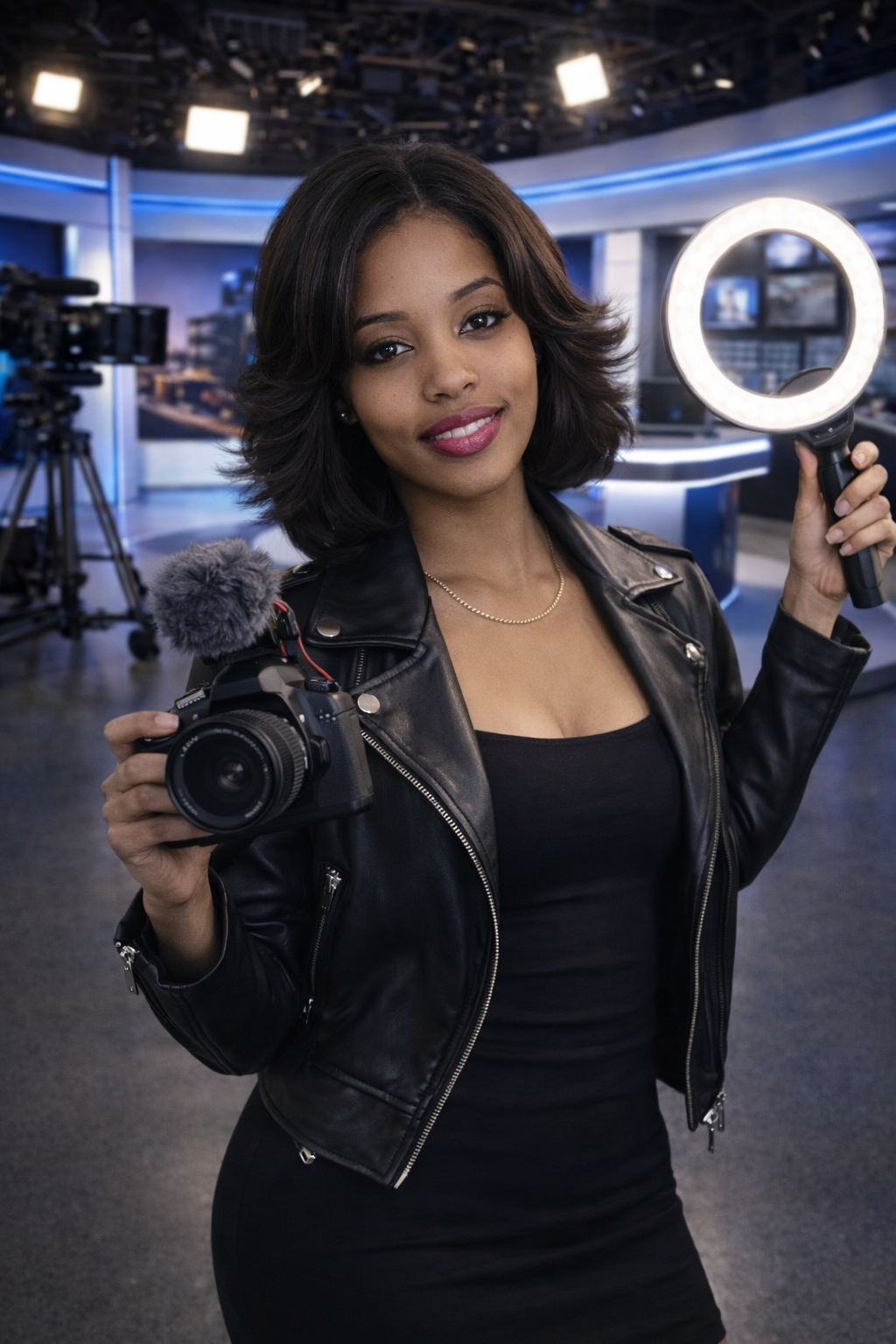 A woman in a black leather jacket holding a camera with a microphone and a ring light, in a TV news studio