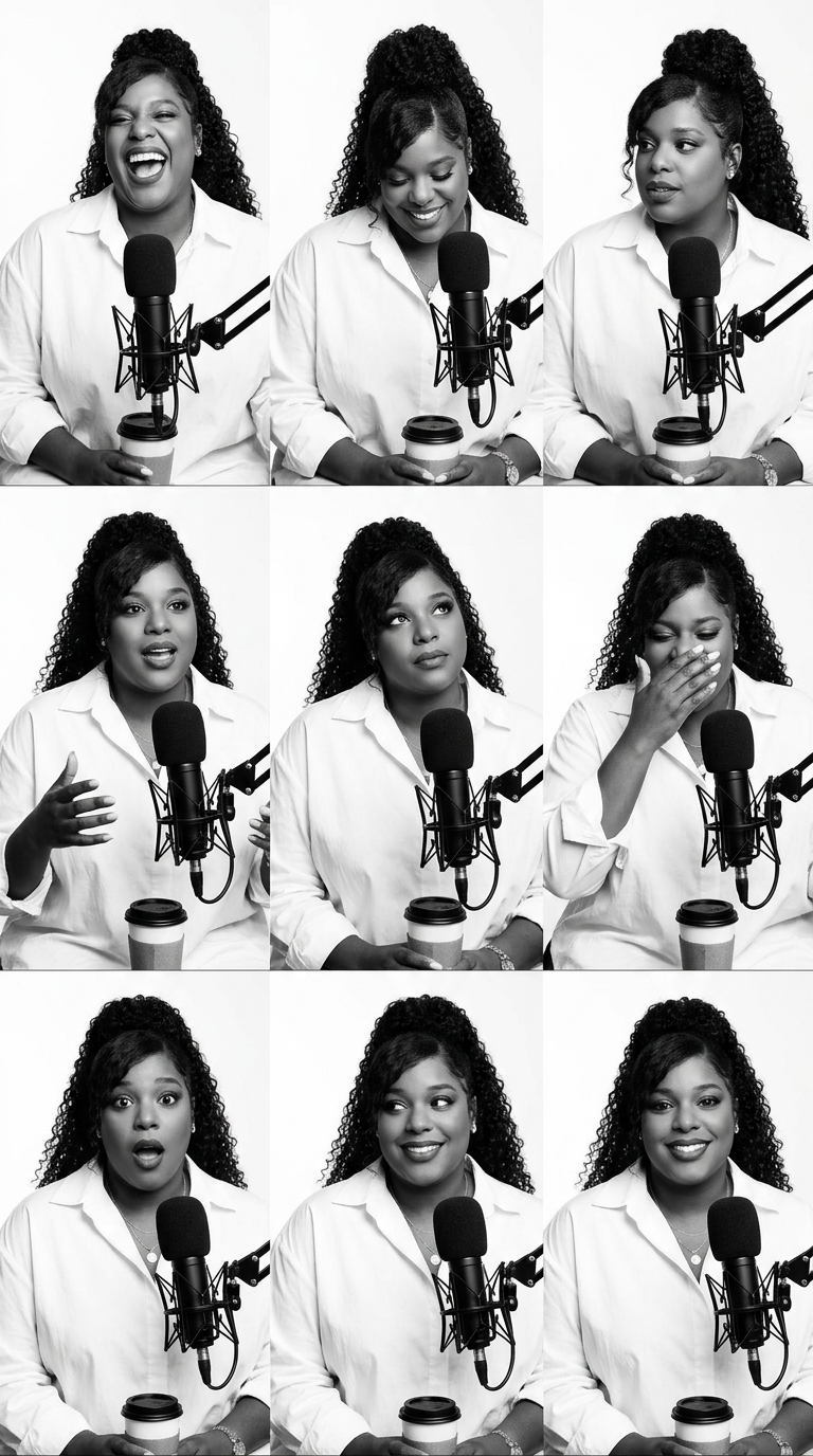 Composite of nine black-and-white photos featuring a woman with dark, curly hair in a white shirt, speaking into a microphone, holding a coffee cup, and displaying various facial expressions and emotions.