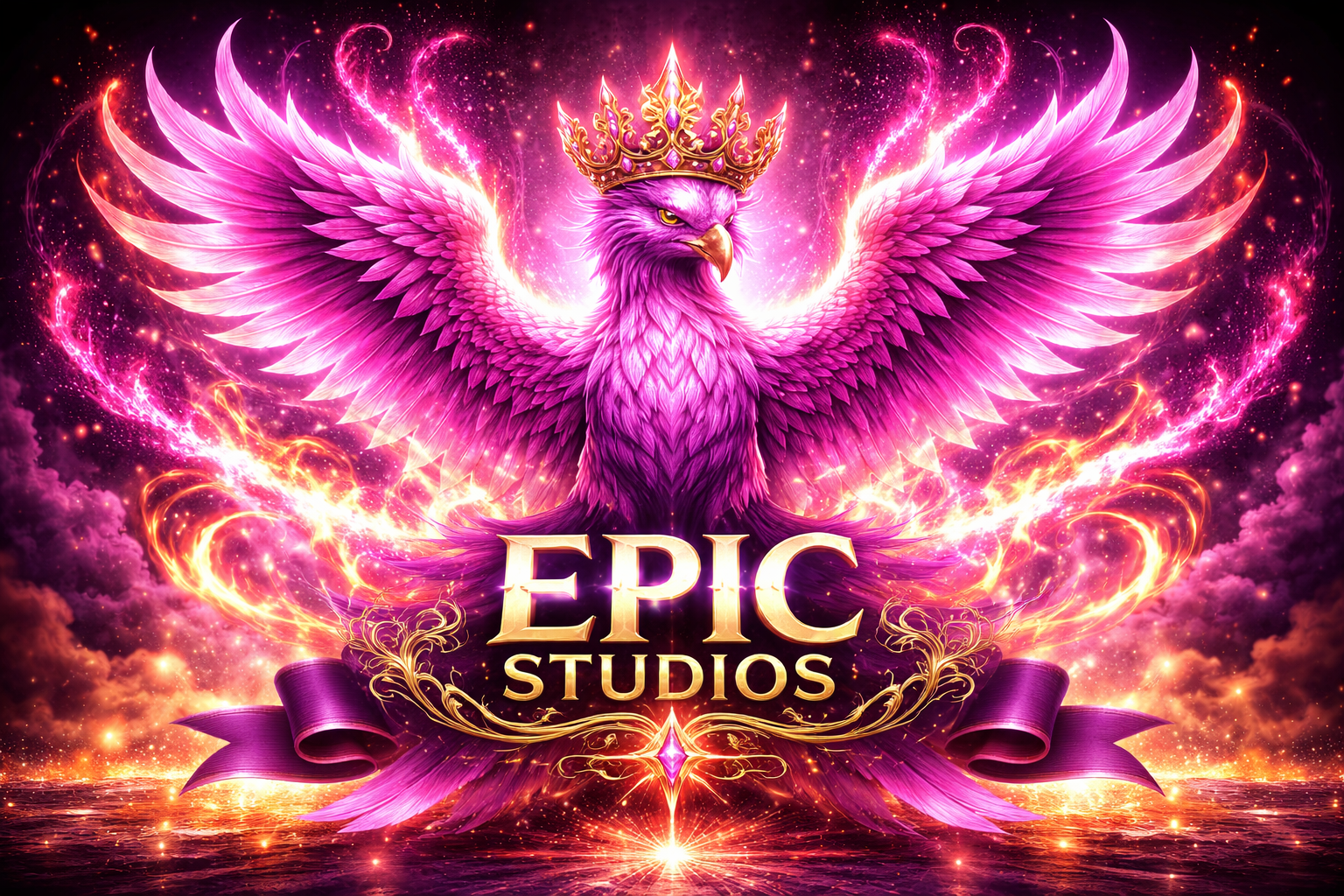 A vibrant digital artwork of a pink and purple phoenix with outstretched wings, wearing a golden crown, surrounded by glowing sparkles and fire, with the text 'EPIC STUDIOS' at the bottom.