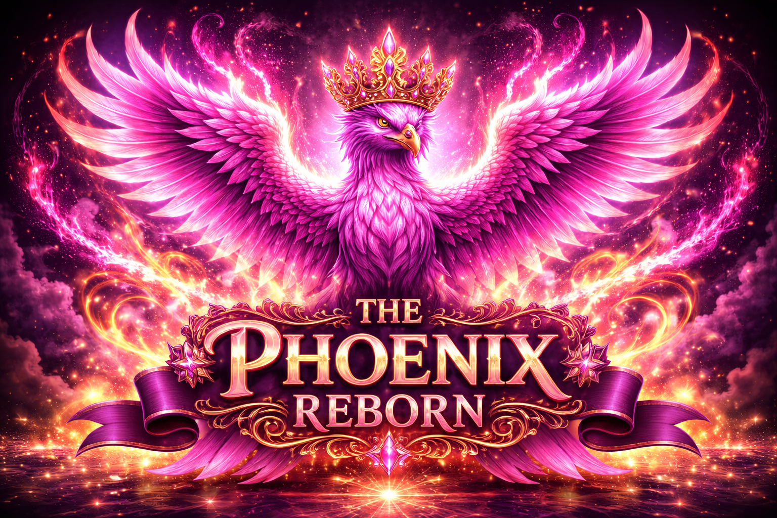 A vibrant, fantasy-style illustration of a pink phoenix with outstretched wings, wearing a golden crown, surrounded by glowing sparks and swirling lights. Text overlay reads 'The Phoenix Reborn' with decorative flourishes and a ribbon banner.