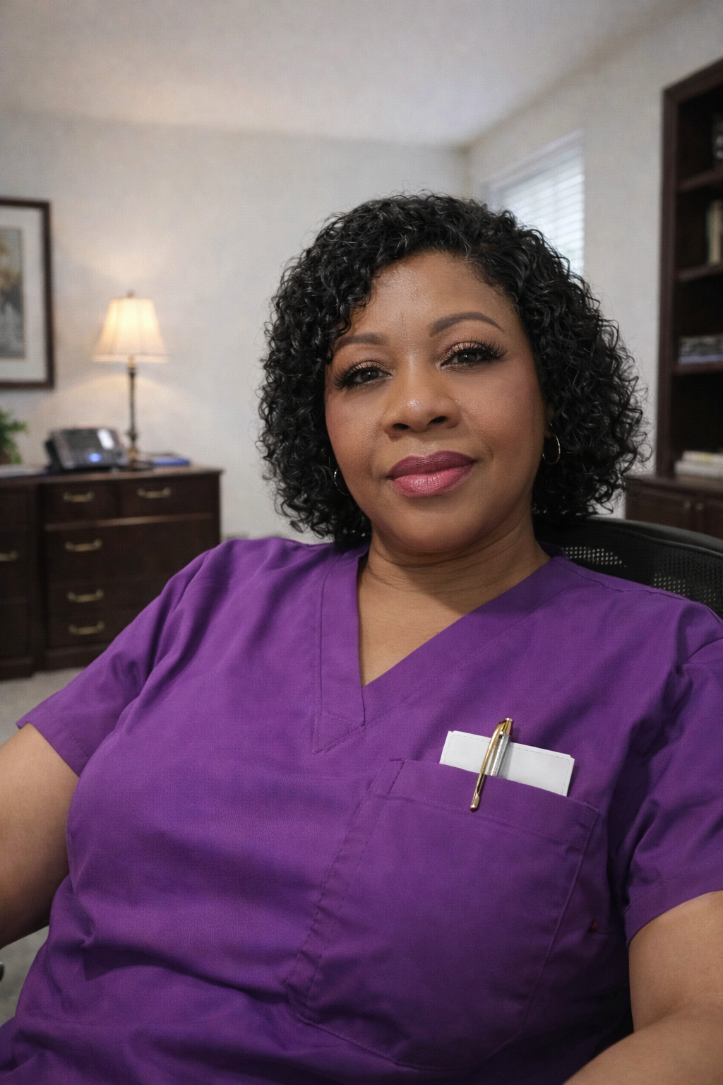 A woman in purple medical scrubs sitting in an office with a confident expression.