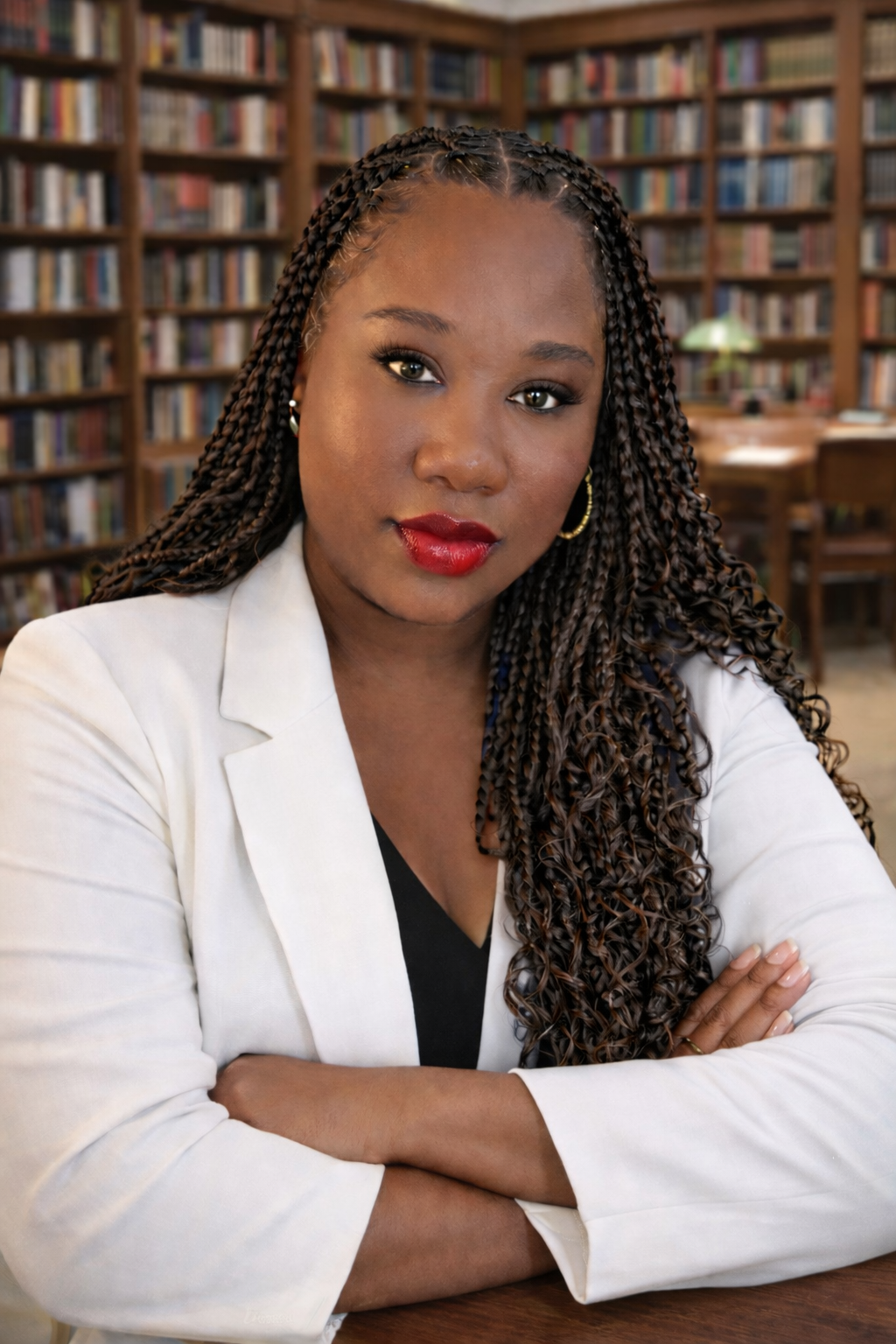 A confident woman with braided hair and red lipstick, wearing a white blazer, sitting at a desk in a library filled with books.