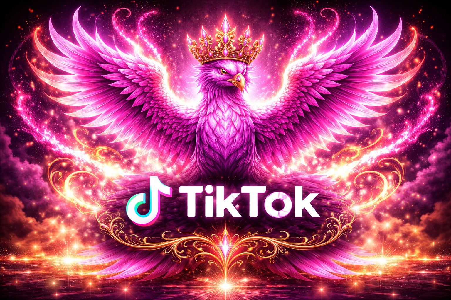 A vibrant, fantasy-style illustration of a pink eagle with outstretched wings, wearing a crown, surrounded by sparkling lights and swirling patterns, with the TikTok logo at the bottom.