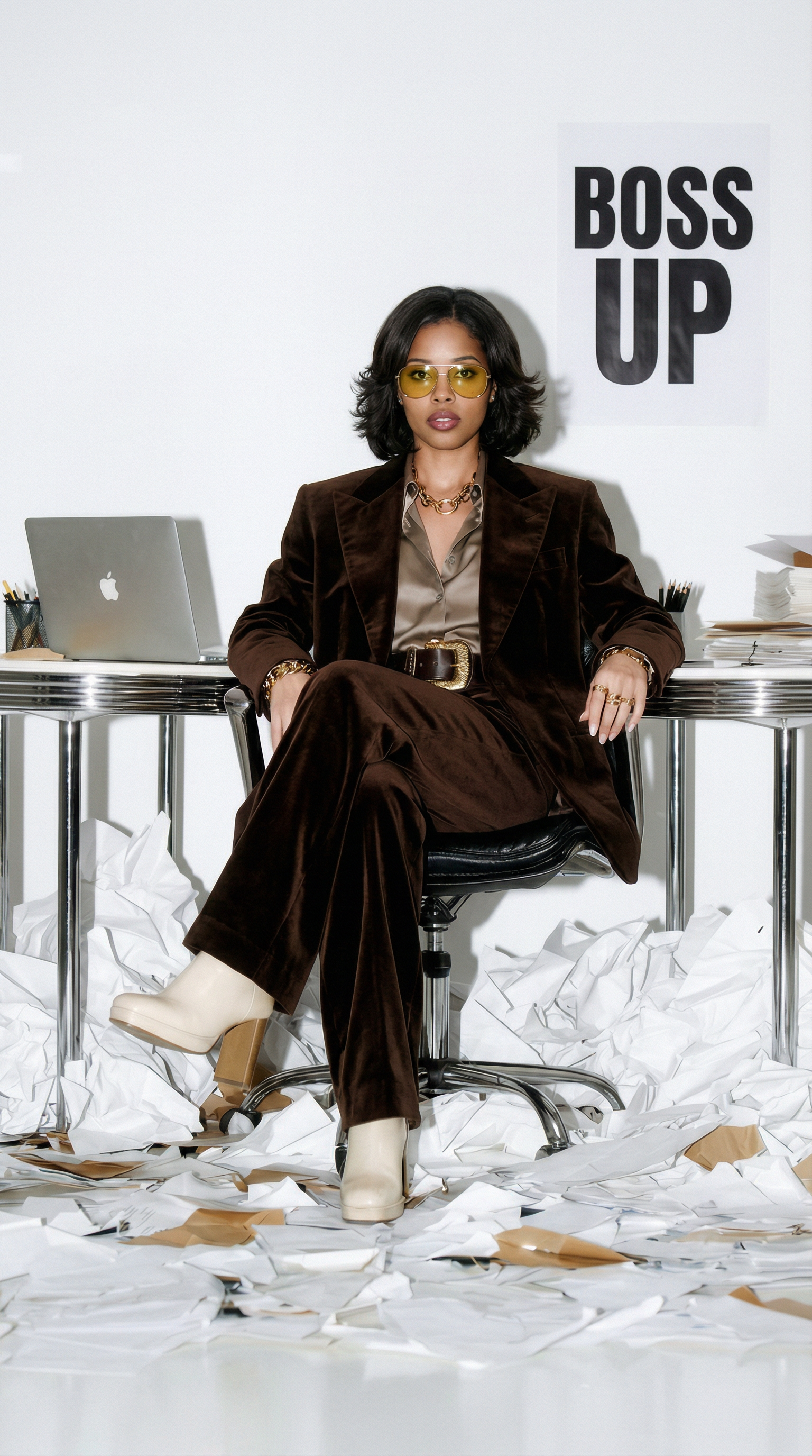 A stylish woman sitting confidently in an office surrounded by crumpled papers on the floor, with a sign that reads 'BOSS UP' on the wall behind her.