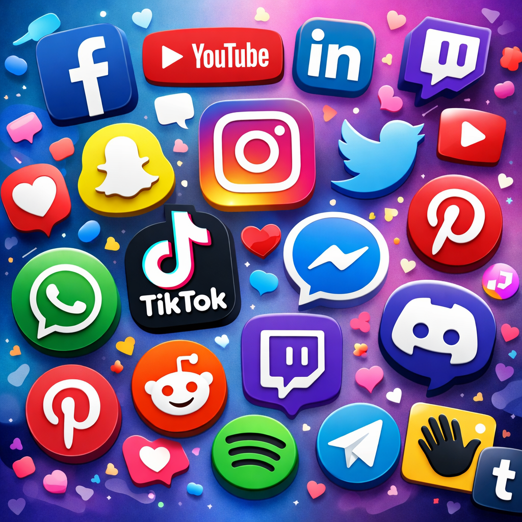 A colorful digital collage of popular social media icons including Facebook, YouTube, LinkedIn, Twitch, Instagram, Twitter, Snapchat, TikTok, Messenger, WhatsApp, Pinterest, Reddit, Discord, Spotify, and Tumblr against a vibrant background with scattered hearts and confetti.