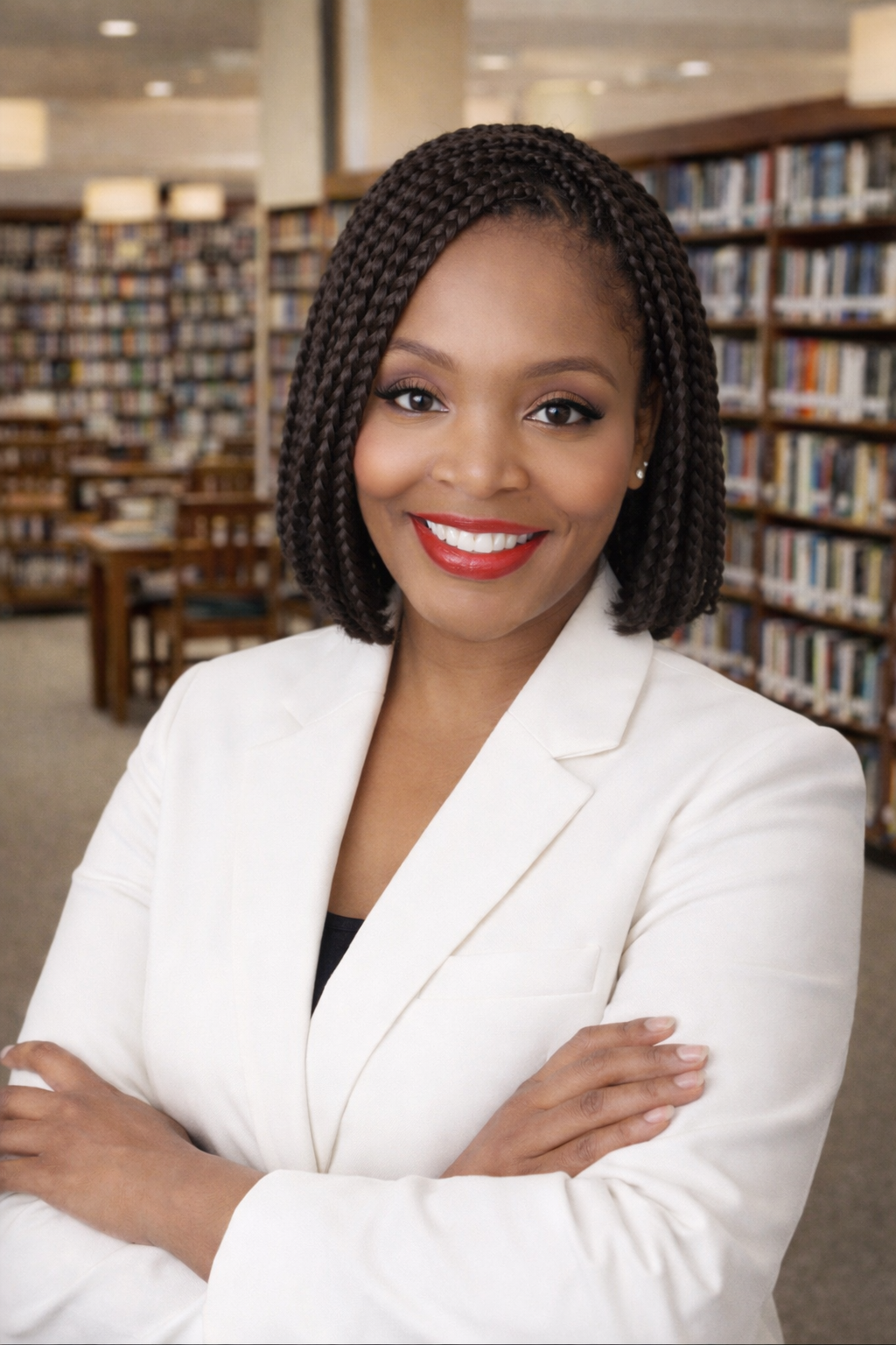 A confident African-American woman with braided hair and red lipstick, wearing a white blazer, standing with her arms crossed inside a library with shelves of books in the background.