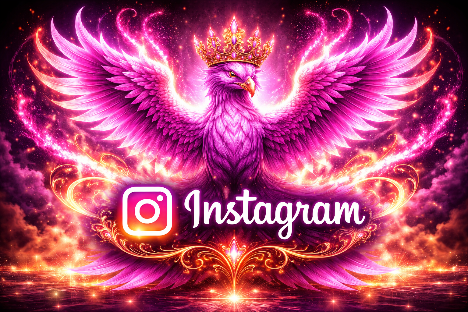 A vibrant, fantasy-style pink phoenix with outstretched wings, wearing a golden crown, surrounded by glowing swirls and sparkles. The image features the Instagram logo and name in the foreground.
