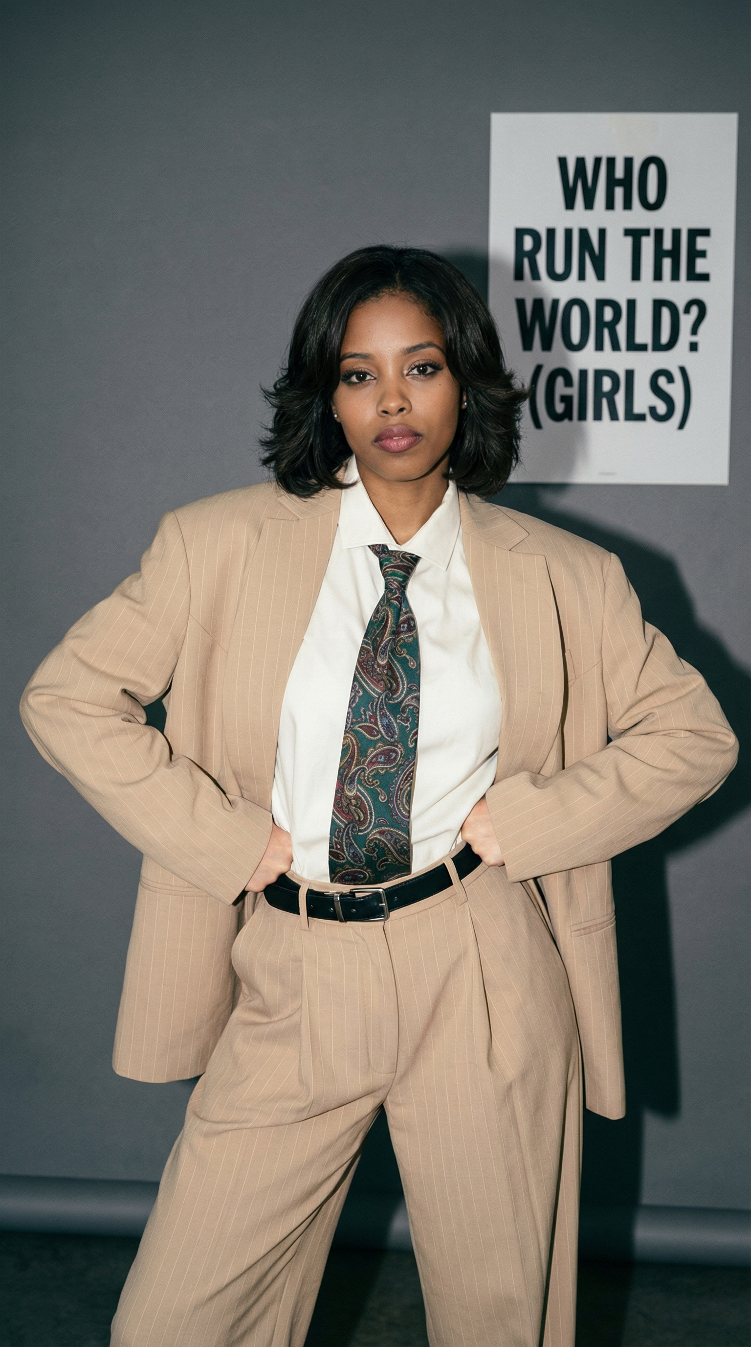 A confident woman in a beige suit with a white shirt and paisley tie stands with her hands on her hips. Behind her, a sign reads 'WHO RUN THE WORLD? (GIRLS).'