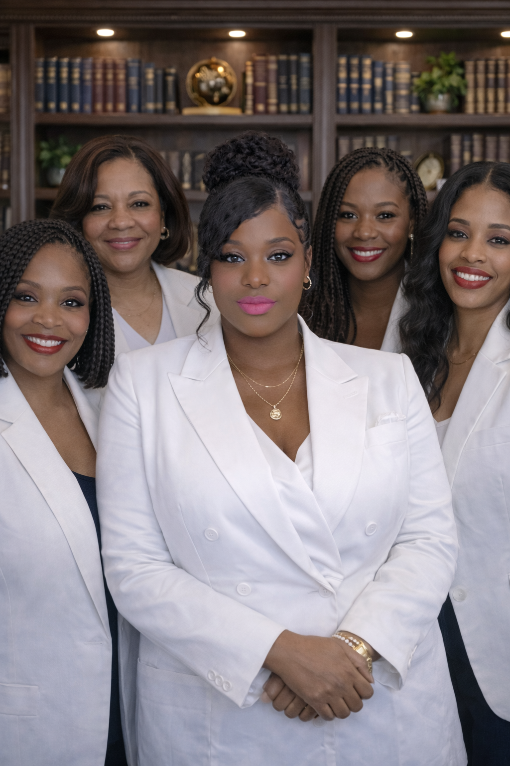Group of six professional women wearing white blazers in an office or library setting with bookshelves and decorative items in the background.