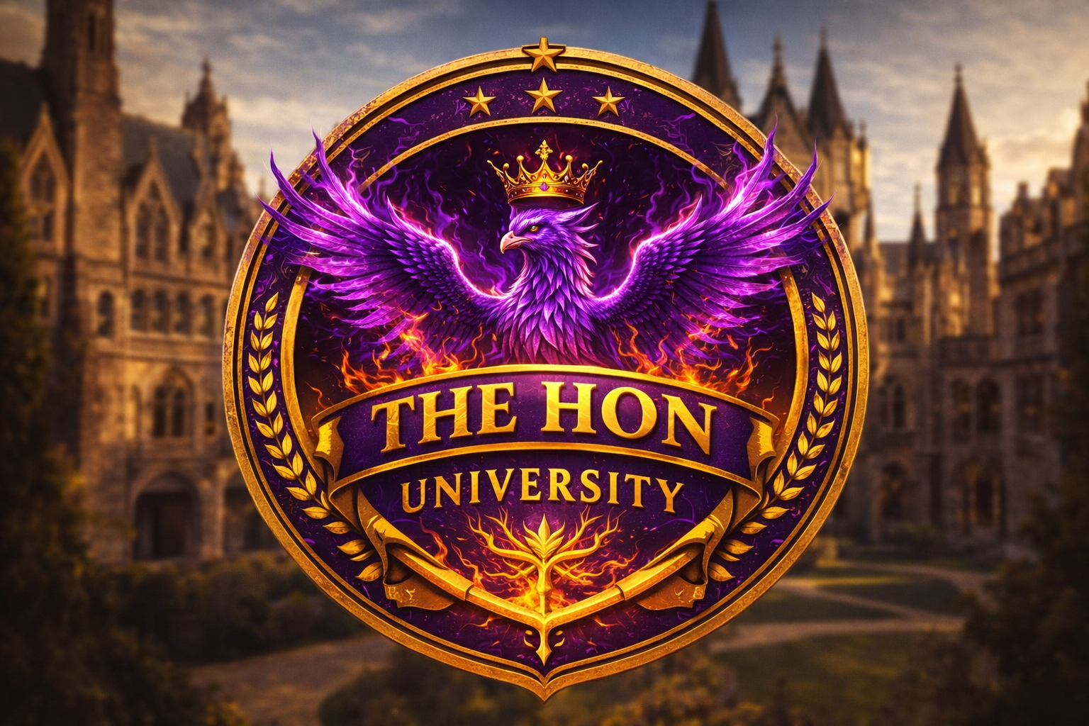 A logo for 'The Hon University' featuring a purple eagle with glowing purple wings and a golden crown, set against a dark background with purple and orange accents, in front of a blurred university campus.