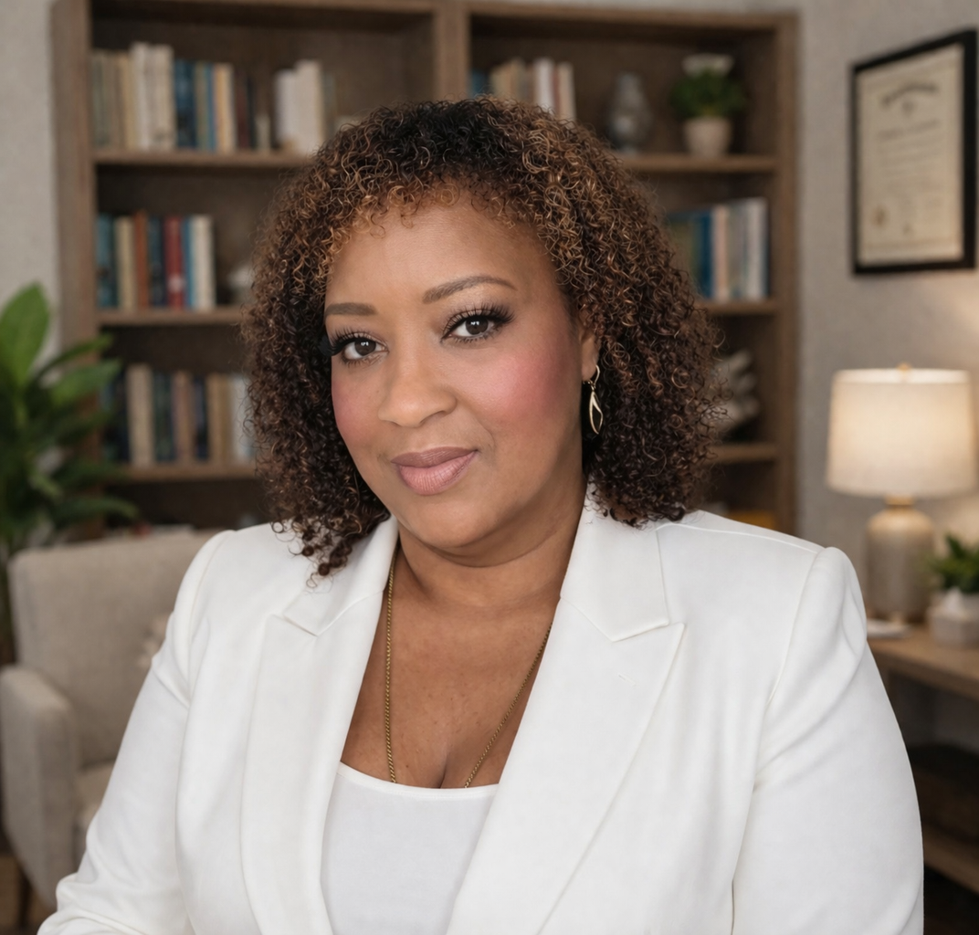 A woman with curly hair and medium skin tone wearing a white blazer and gold jewelry, sitting in a cozy office or living room with bookshelves, plants, and framed art in the background.