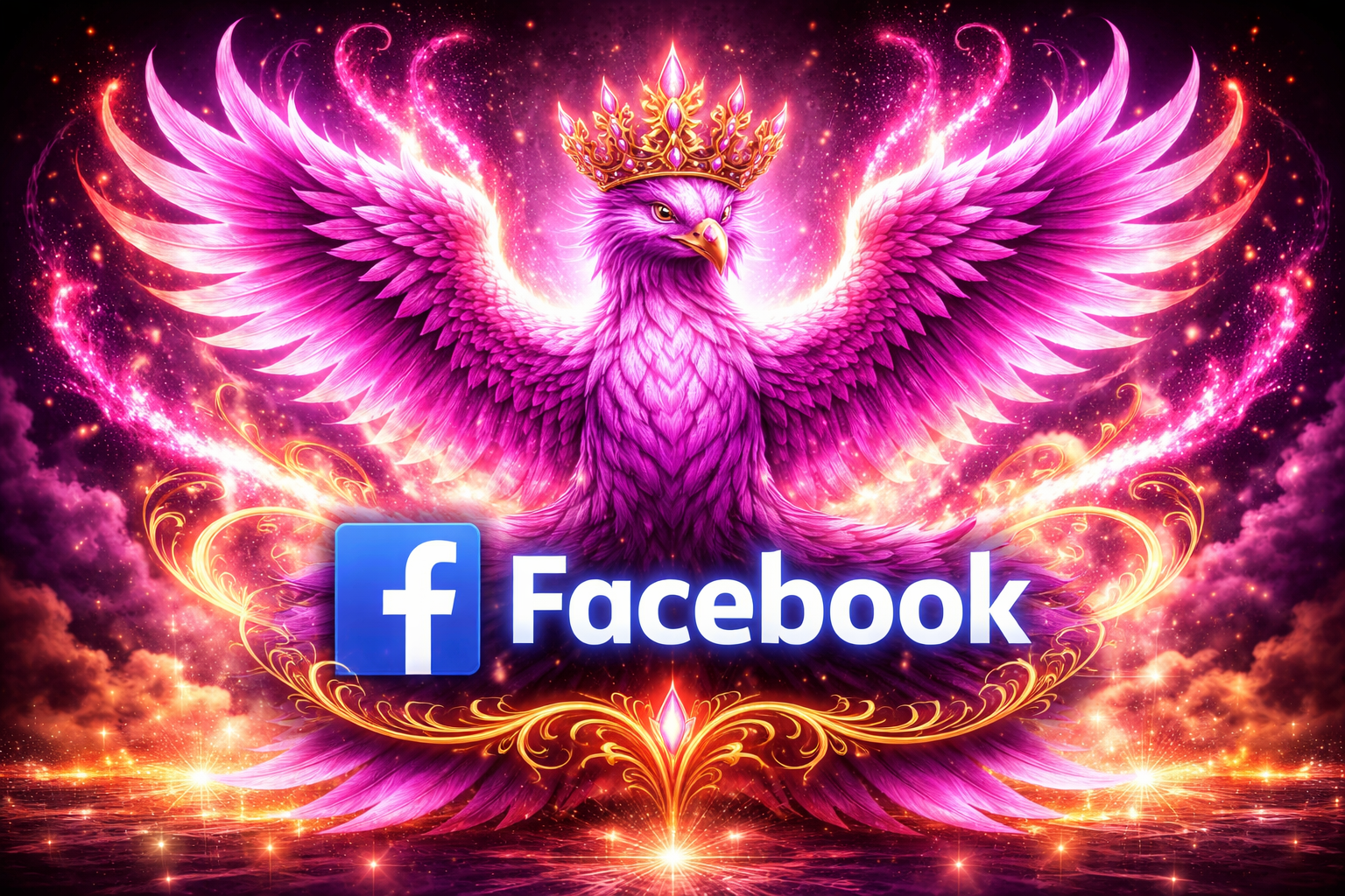 A vibrant digital illustration of a majestic purple phoenix with outstretched wings, wearing a golden crown, surrounded by swirling pink and orange sparks and clouds, with the Facebook logo and text prominently displayed in the foreground.