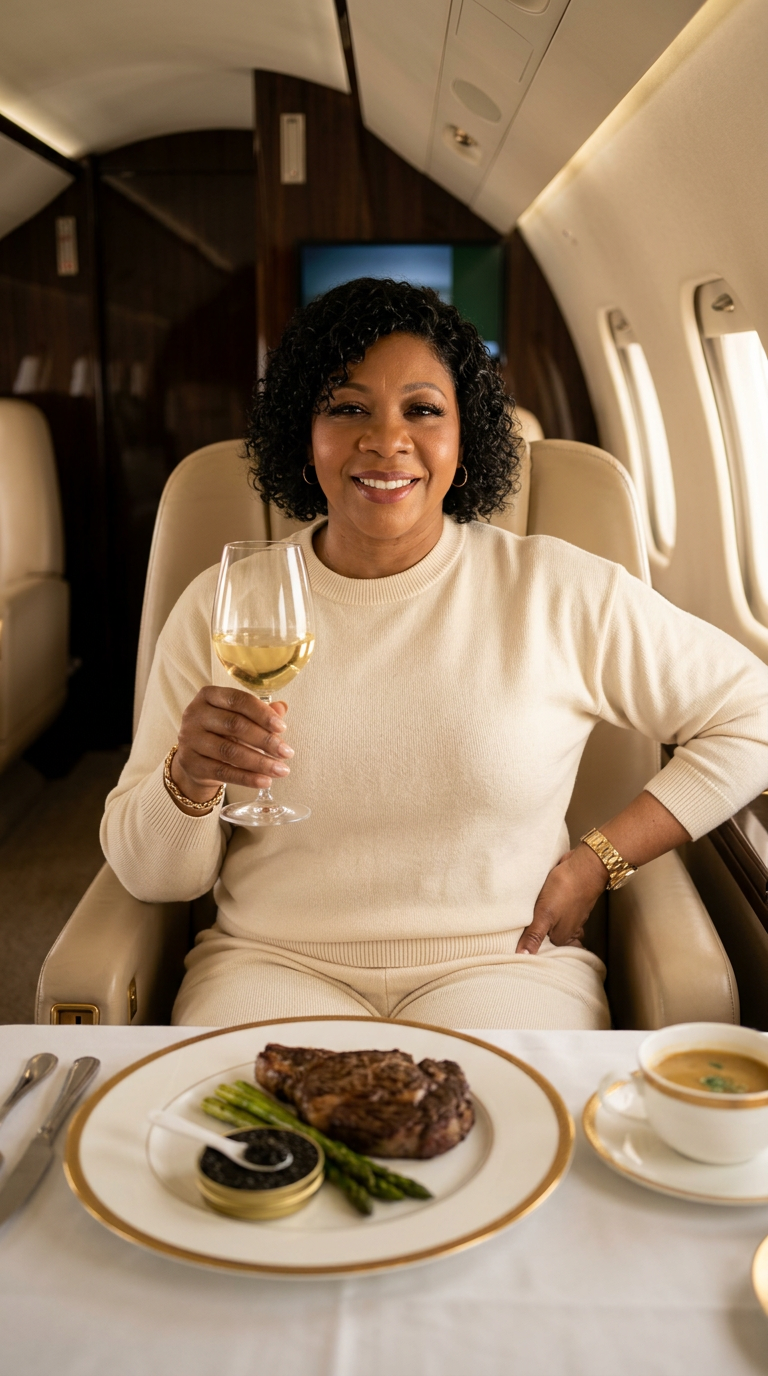 A woman with curly hair and gold jewelry sitting in an airplane seat, holding a glass of white wine, with a plate of steak, asparagus, and caviar, and a bowl of soup in front of her.