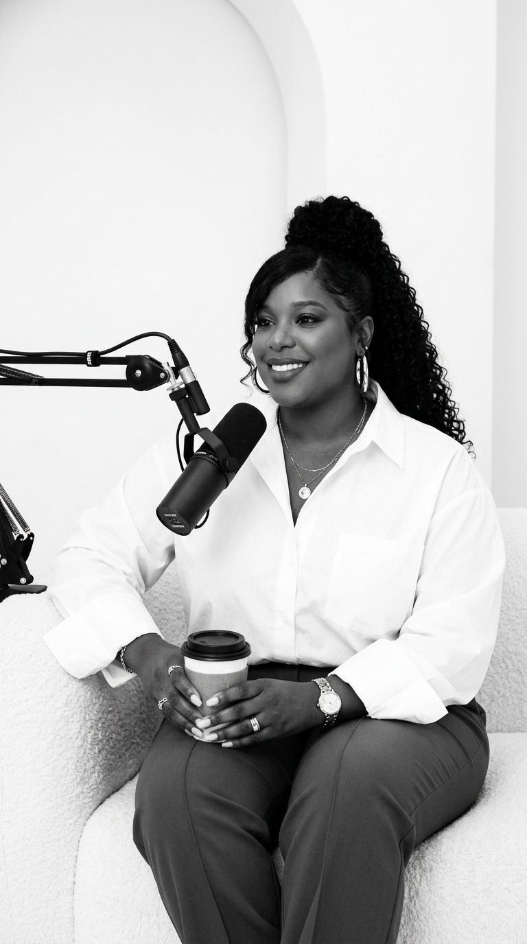 A woman with curly hair tied up on top, wearing a white shirt and dark pants, sitting on a sofa with a disposable coffee cup in her hands, speaking into a professional microphone during a podcast or radio interview.