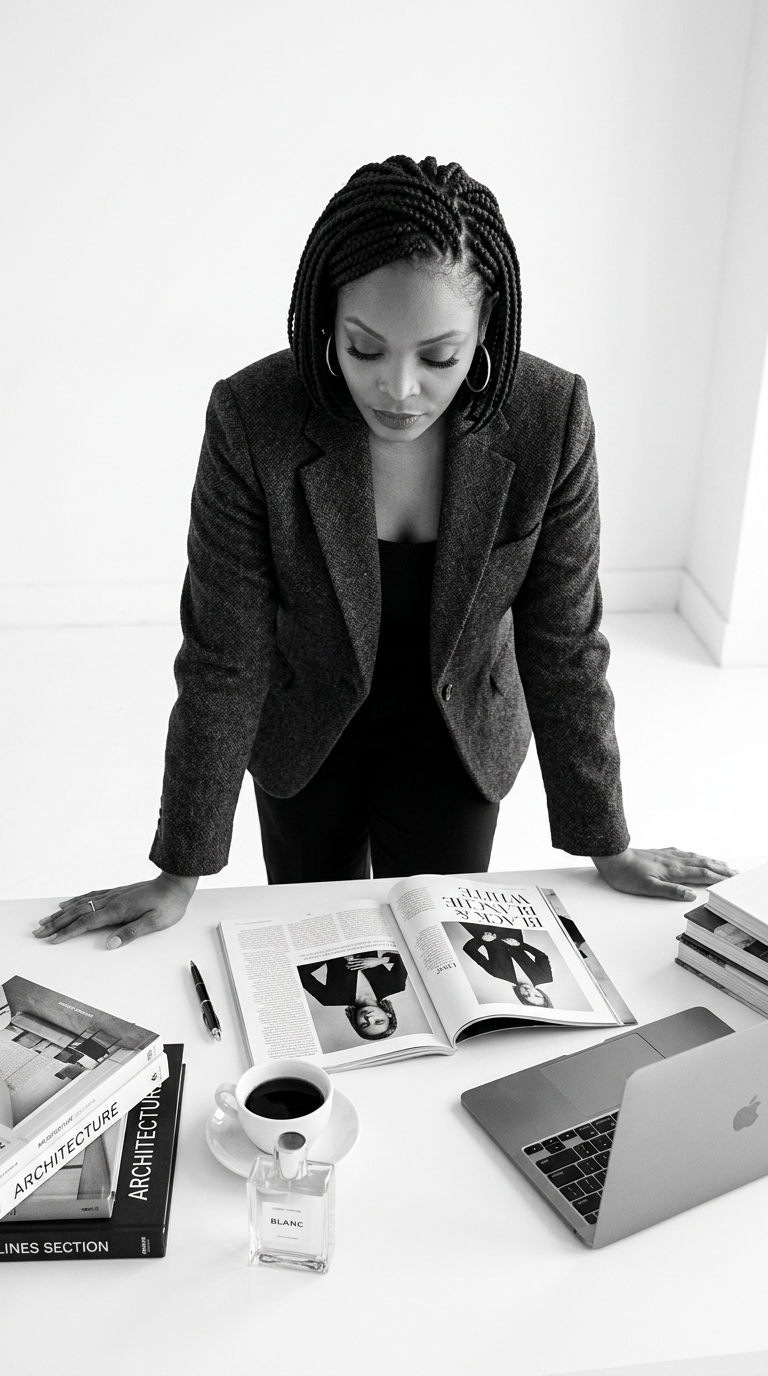 A woman with braided hair looks down at an open magazine on a desk, with books, a laptop, a coffee cup, and a perfume bottle on the desk.