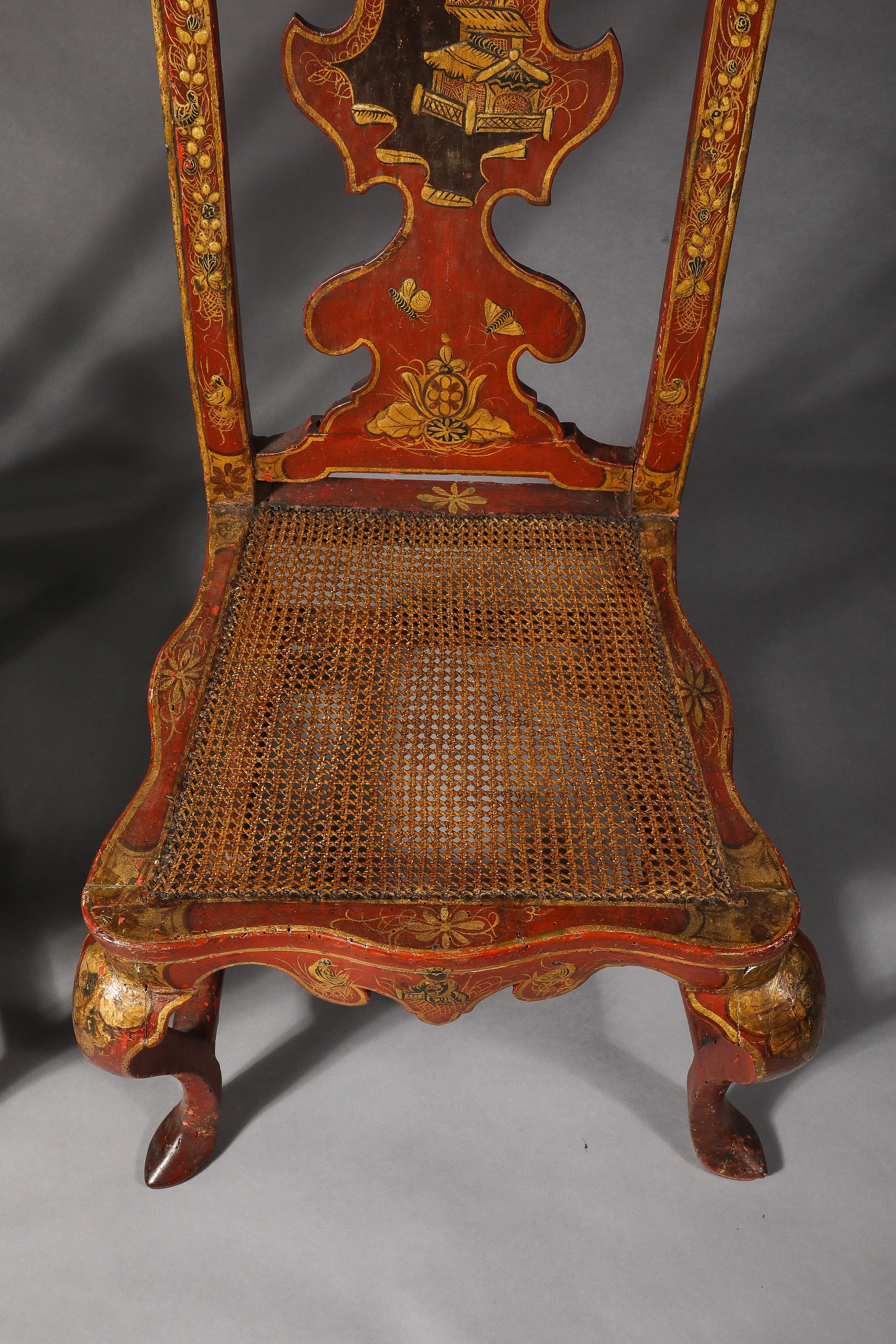 A Pair of Spanish Scarlet-Lacquered and Gilded Chinoiserie Side Chairs · Spanish, circa 1740