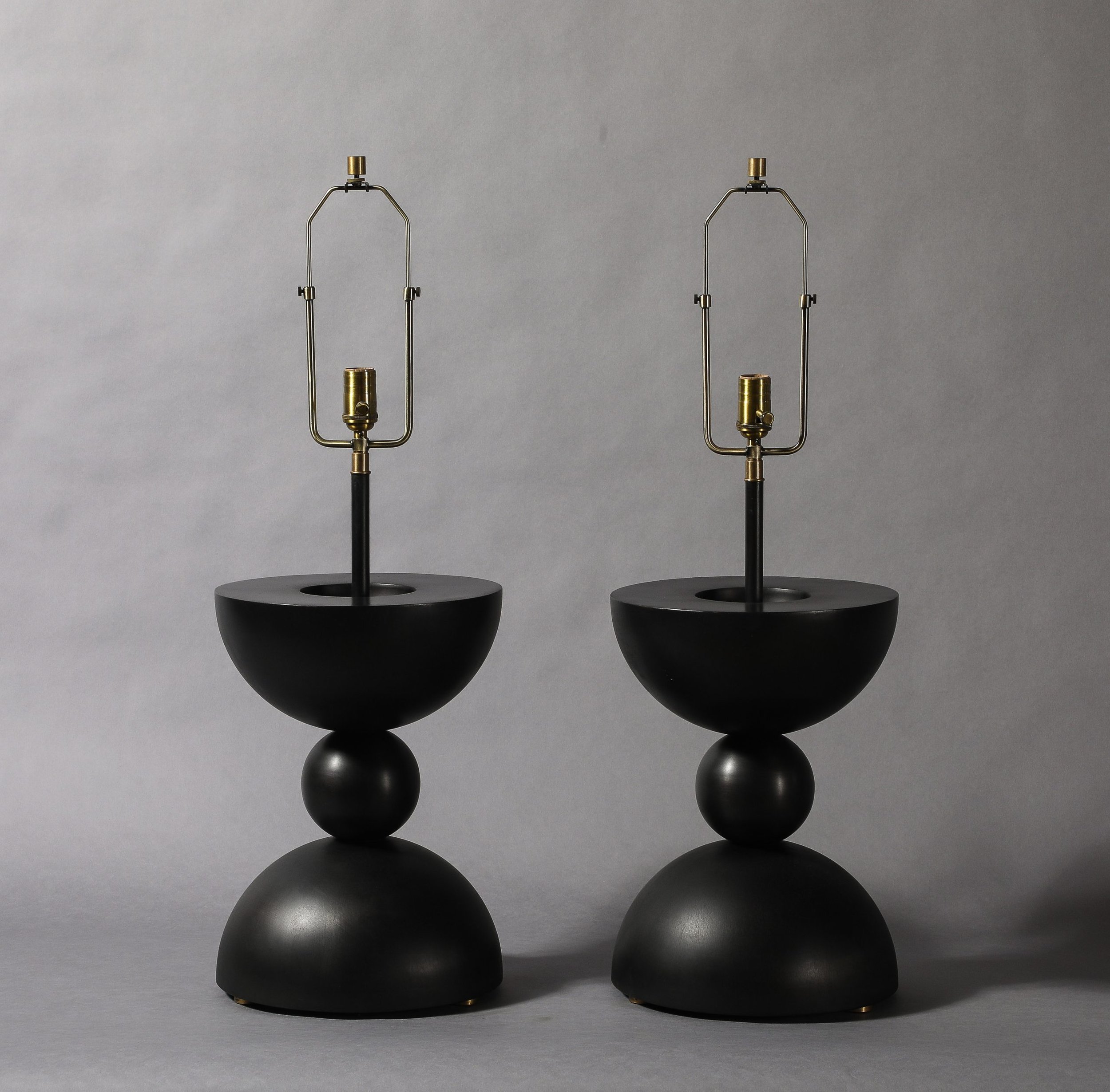 Large Pair of Sculptural Patinated Steel Geometric Form Lamps, Statuary Bronze Finish