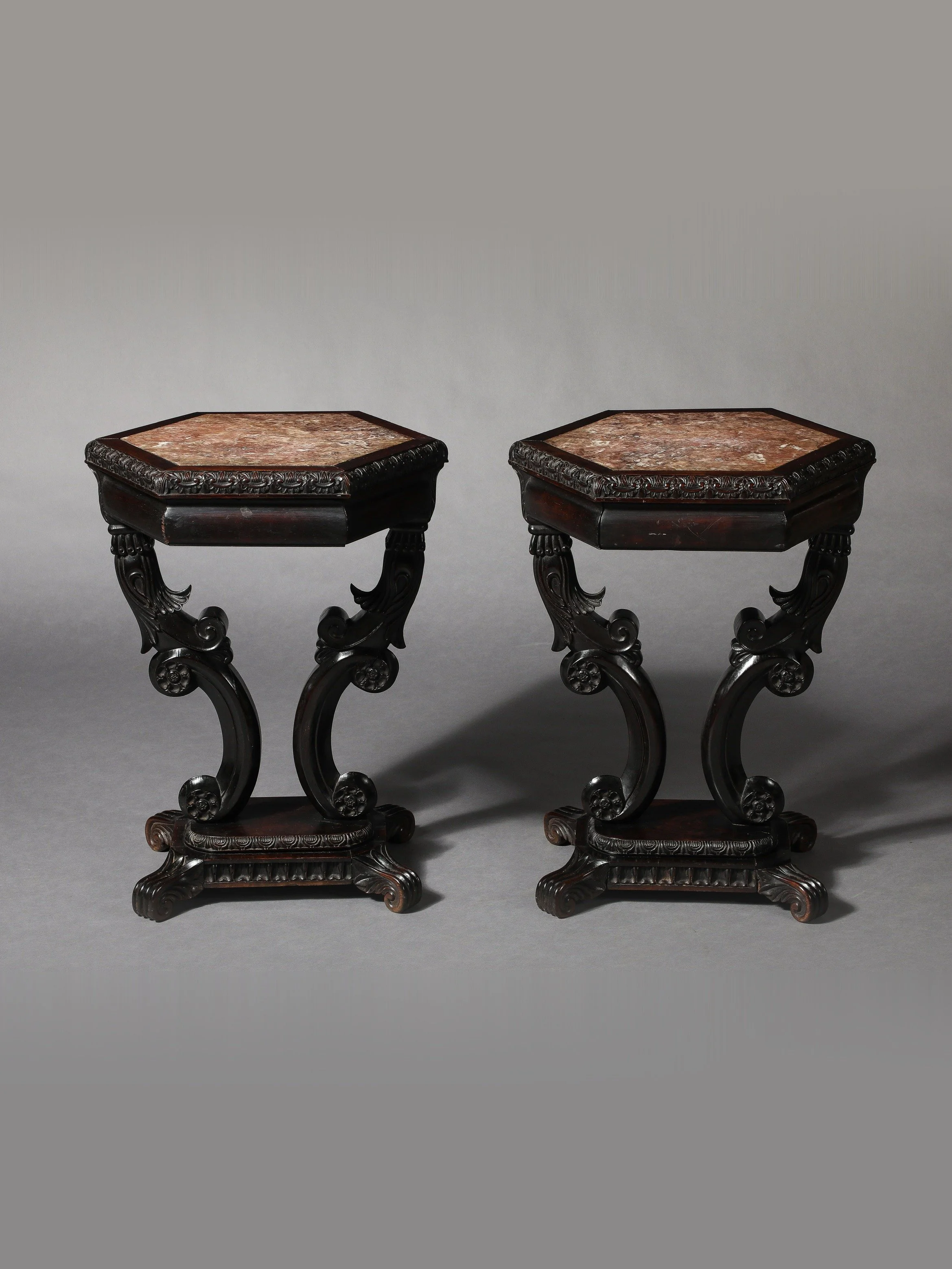 A Rare Pair of Ceylonese Solid Rosewood Side Tables with Marble Top