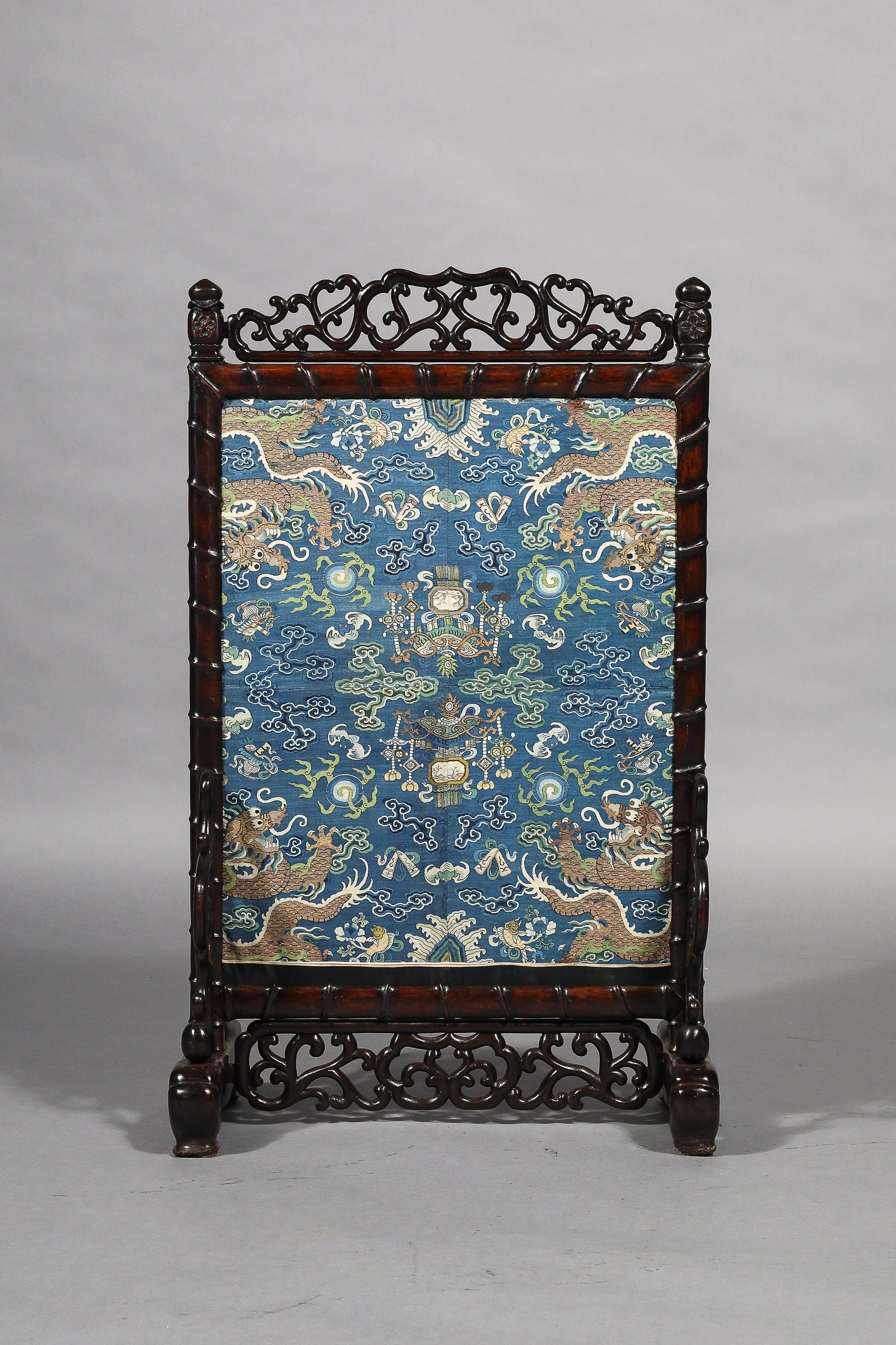 A Chinese Carved Hardwood and Silk Tapestry Table Screen · 18th century